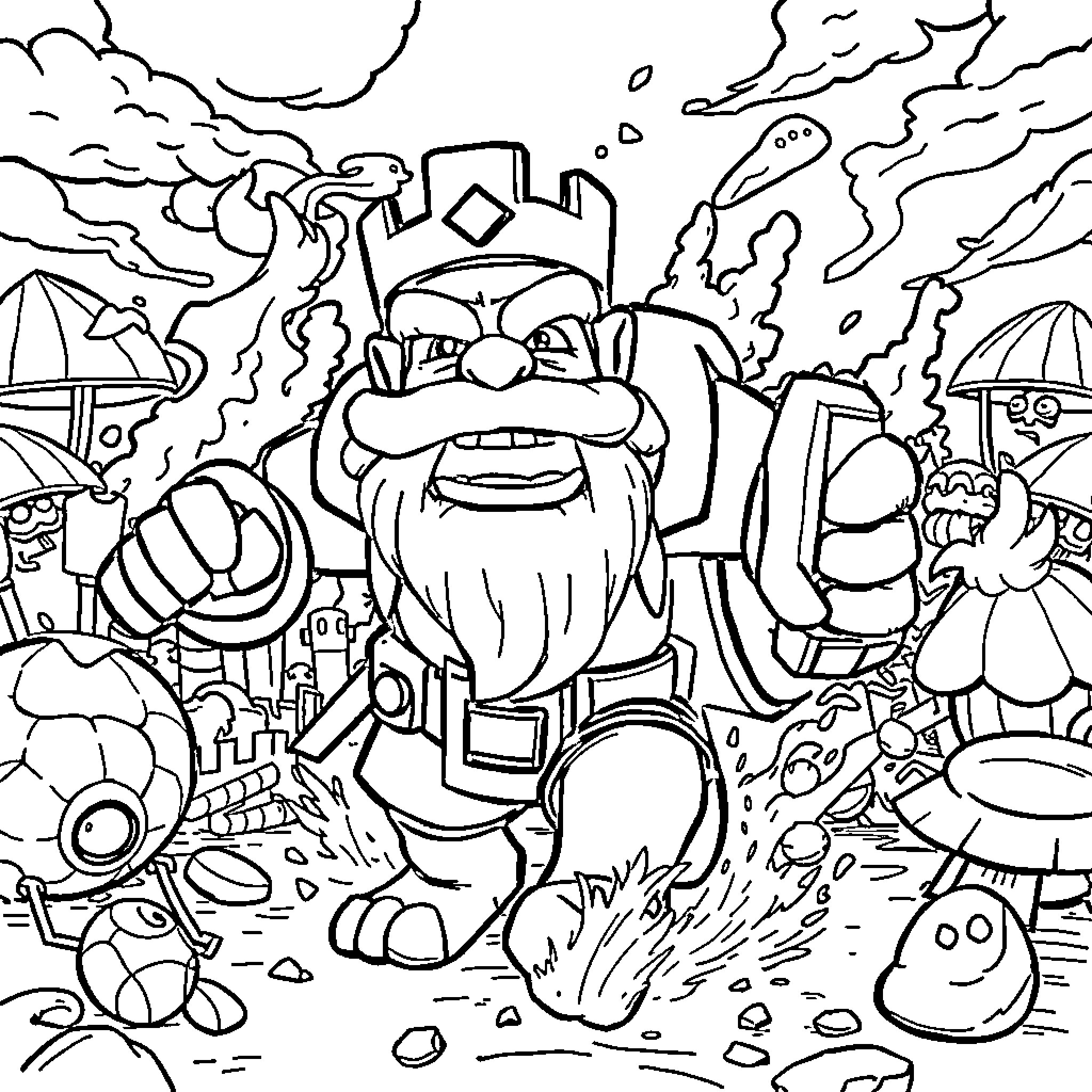 Montapuerco: Chaotic Battle Scene with Diverse Characters Coloring Page (free black-and-white line drawing printable PDF for all, from beginners to advanced learners, including children, teens, adults, and seniors)