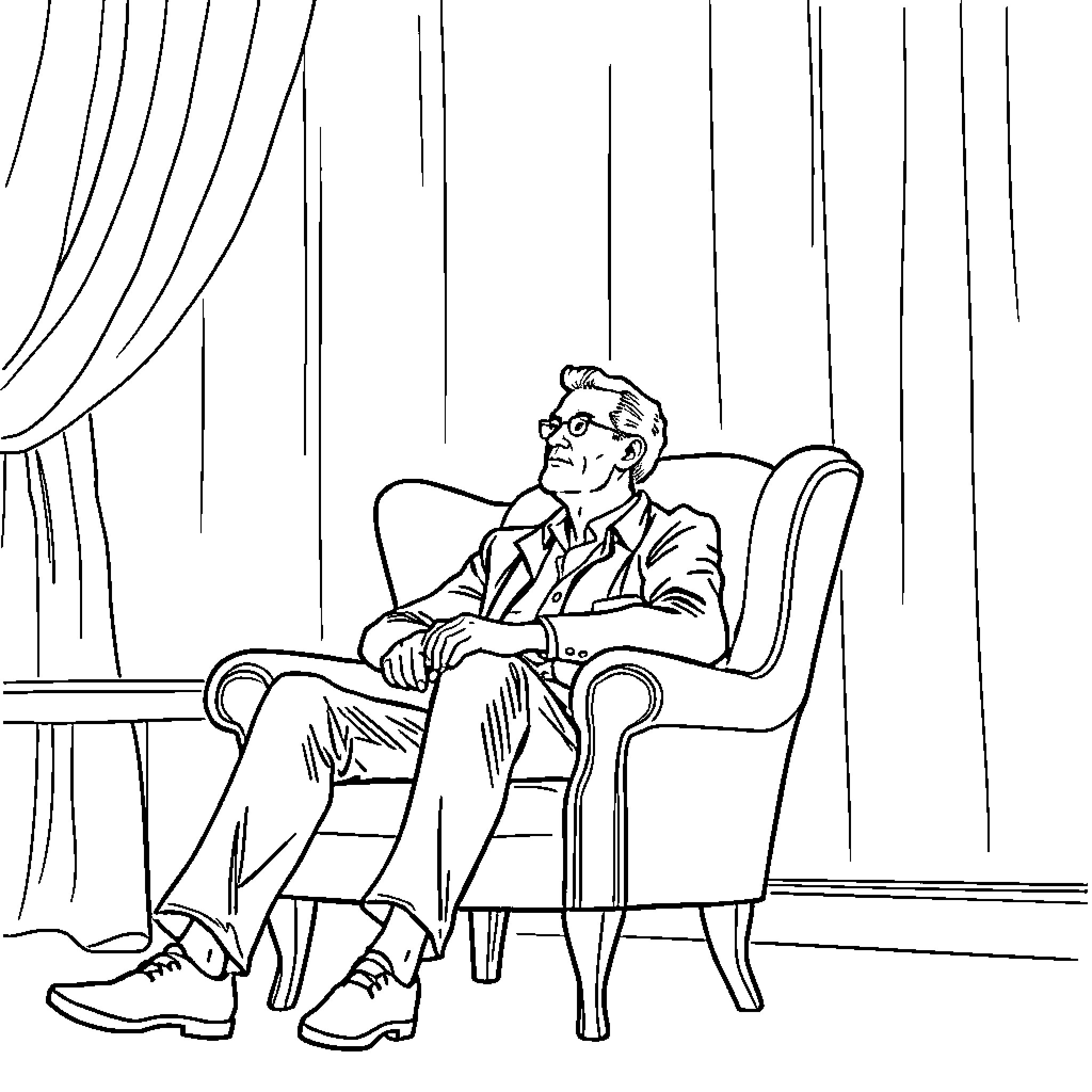 Man Sitting Thoughtfully in Chair Coloring Page (free black-and-white line drawing printable PDF for all, from beginners to advanced learners, including children, teens, adults, and seniors)