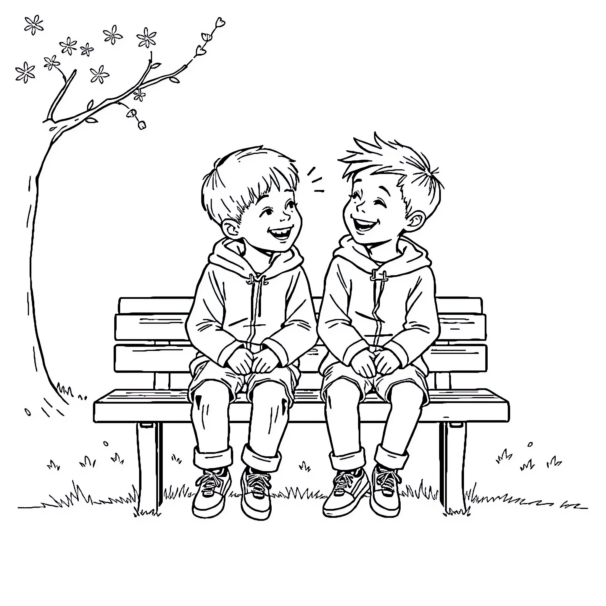 Child friends enjoying spring day on bench Coloring Page (free black-and-white line drawing printable PDF for all, from beginners to advanced learners, including children, teens, adults, and seniors)
