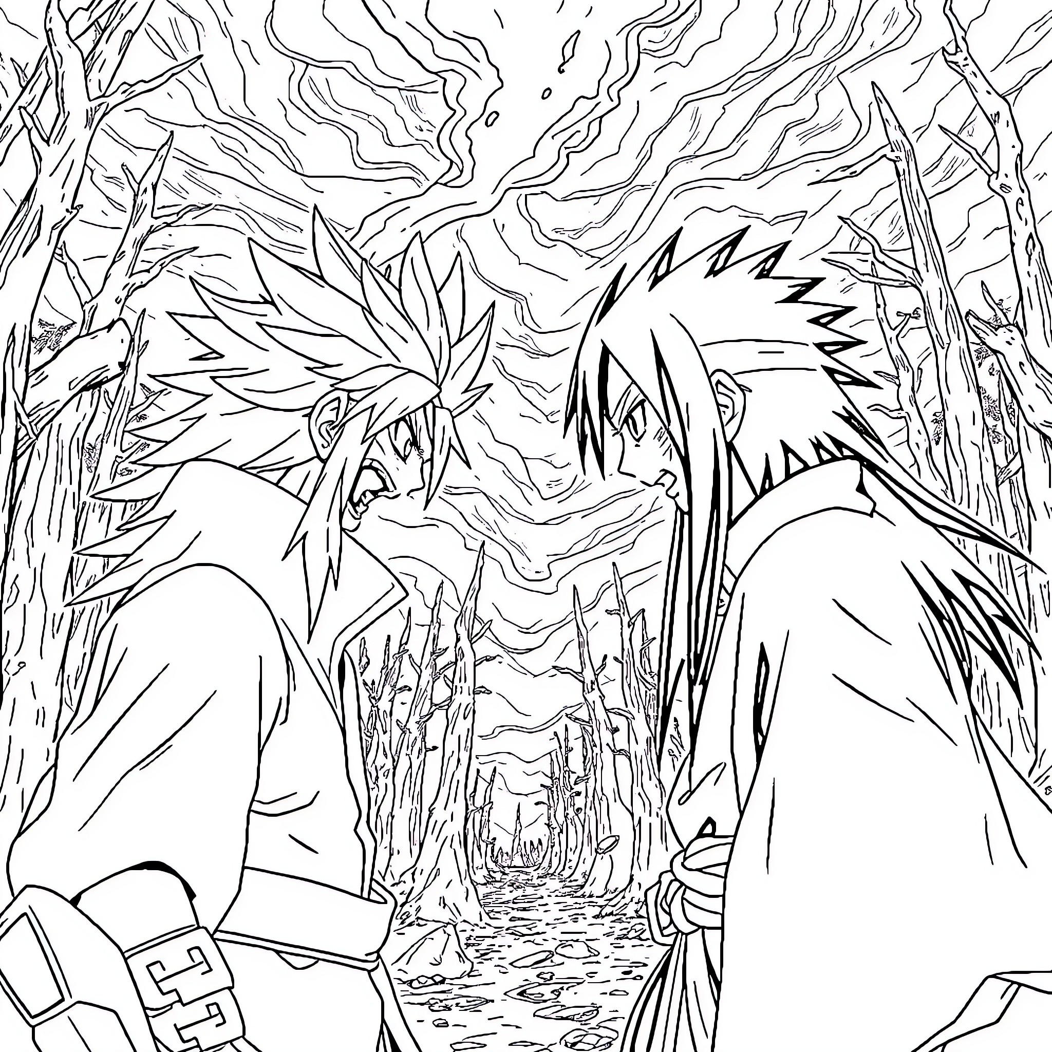 Madara vs Hashirama - Epic Clash of Ninja Legends Coloring Page (free black-and-white line drawing printable PDF for all, from beginners to advanced learners, including children, teens, adults, and seniors)