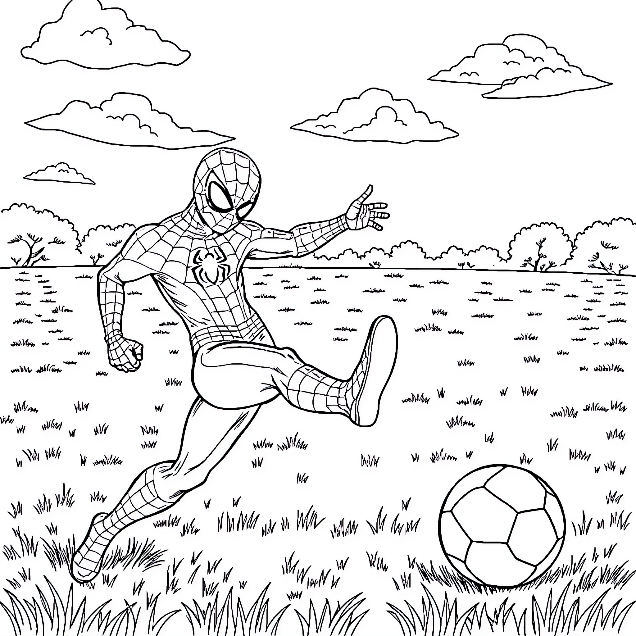 Spiderman playing soccer in the park Coloring Page (free black-and-white line drawing printable PDF for all, from beginners to advanced learners, including children, teens, adults, and seniors)