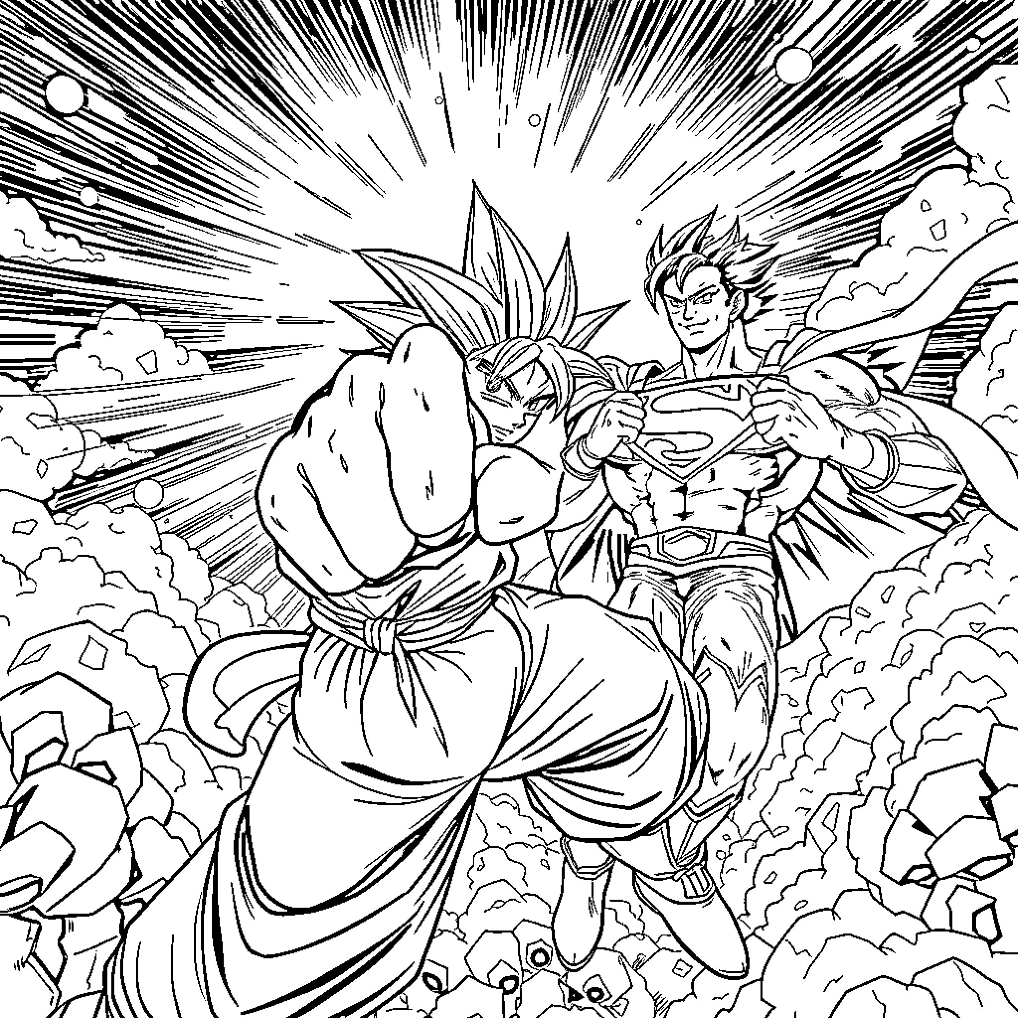 Goku's Powerful Clash with Intense Energy Surges Coloring Page (free black-and-white line drawing printable PDF for all, from beginners to advanced learners, including children, teens, adults, and seniors)