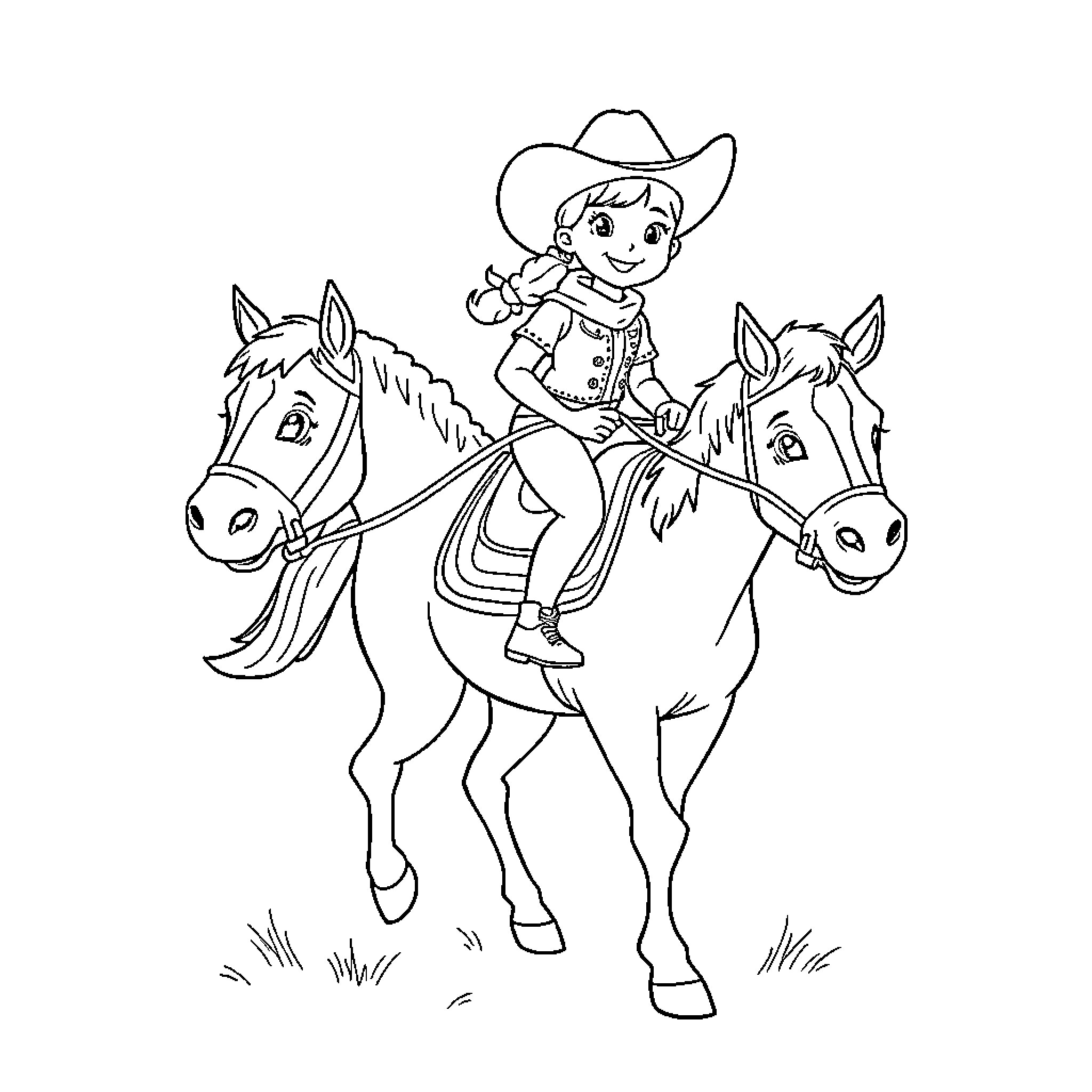 Cowgirl riding horses in the field Coloring Page (free black-and-white line drawing printable PDF for all, from beginners to advanced learners, including children, teens, adults, and seniors)