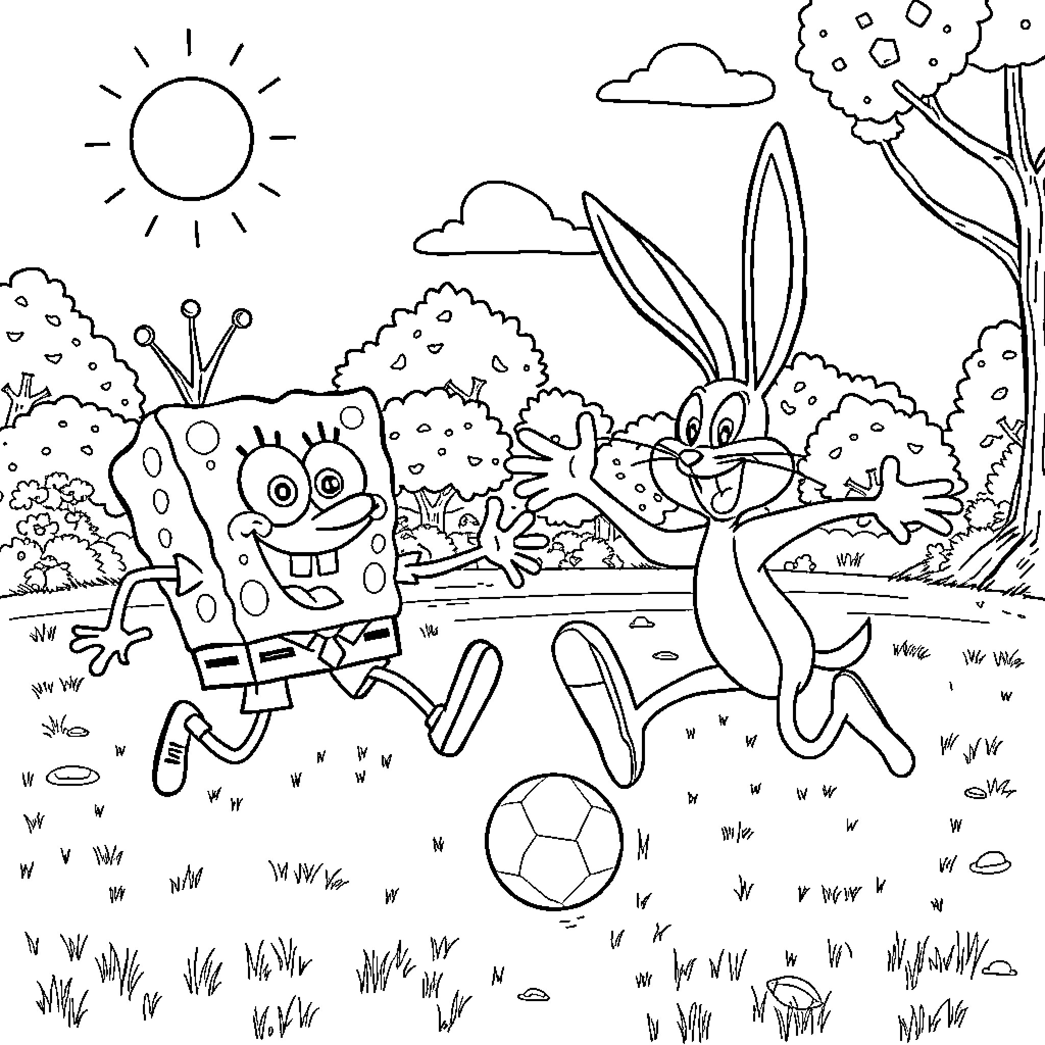 Spongebob and Bugs Bunny playing in the park Coloring Page (free black-and-white line drawing printable PDF for all, from beginners to advanced learners, including children, teens, adults, and seniors)