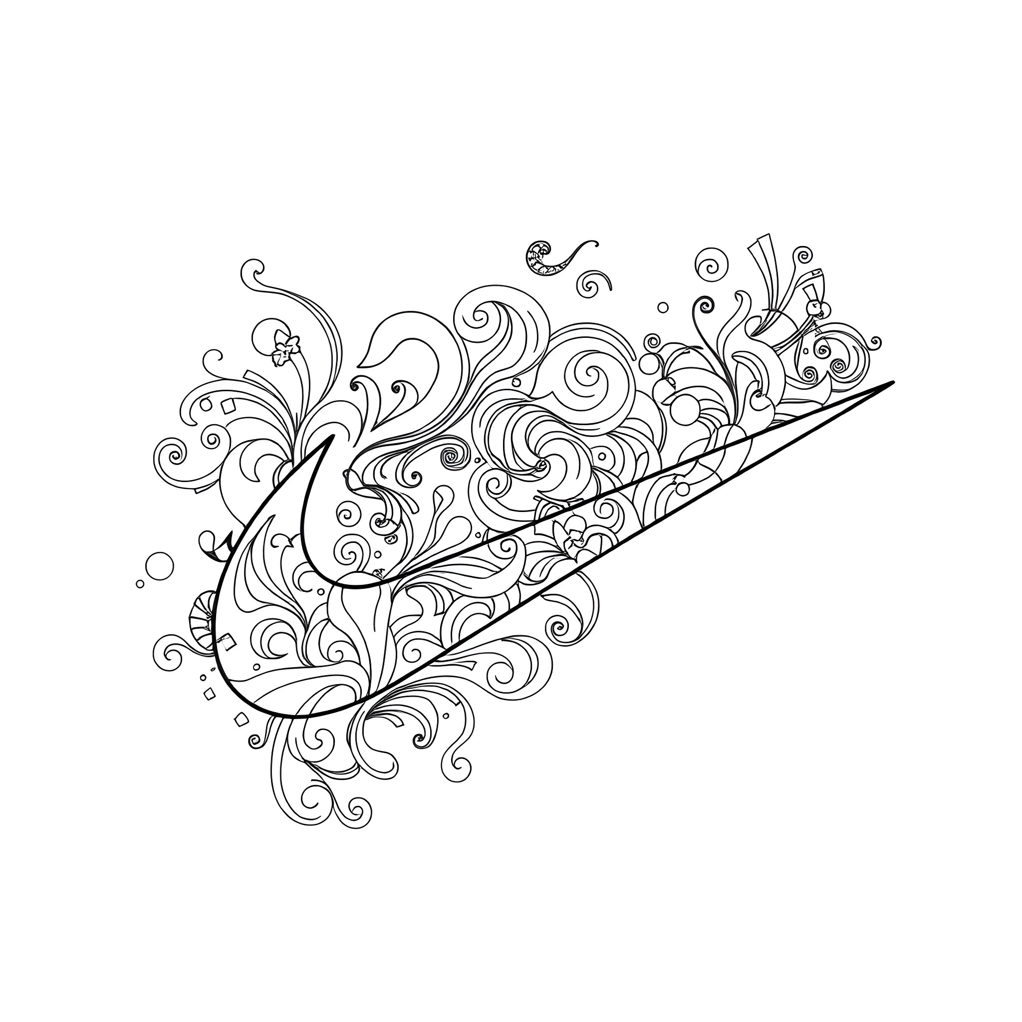 Nike Swirling Ornamental Pattern Coloring Page (free black-and-white line drawing printable PDF for all, from beginners to advanced learners, including children, teens, adults, and seniors)