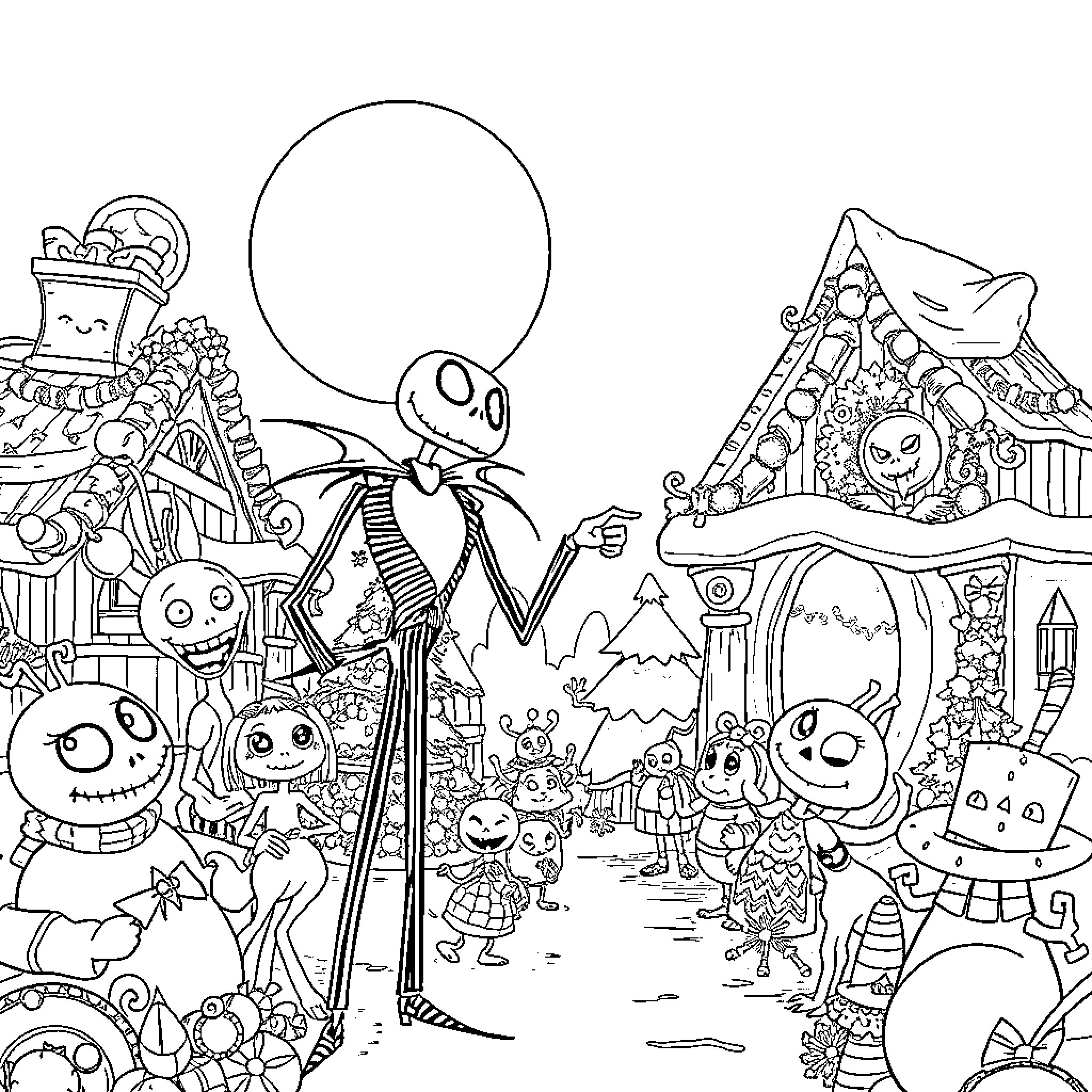 Nightmare Before Christmas: Fantastical Characters in Whimsical Celebration Coloring Page (free black-and-white line drawing printable PDF for all, from beginners to advanced learners, including children, teens, adults, and seniors)