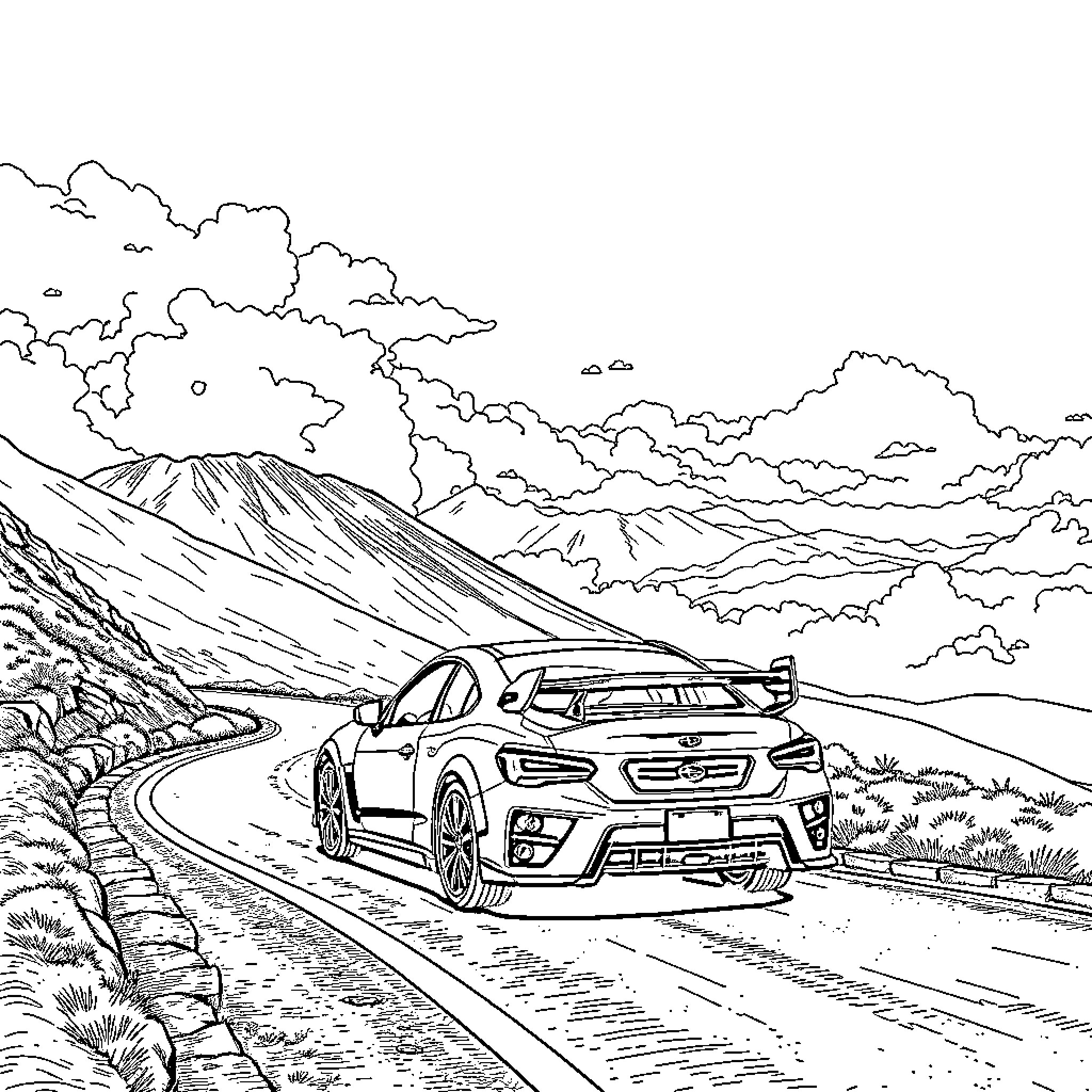 Subaru racing through the mountain roads Coloring Page (free black-and-white line drawing printable PDF for all, from beginners to advanced learners, including children, teens, adults, and seniors)