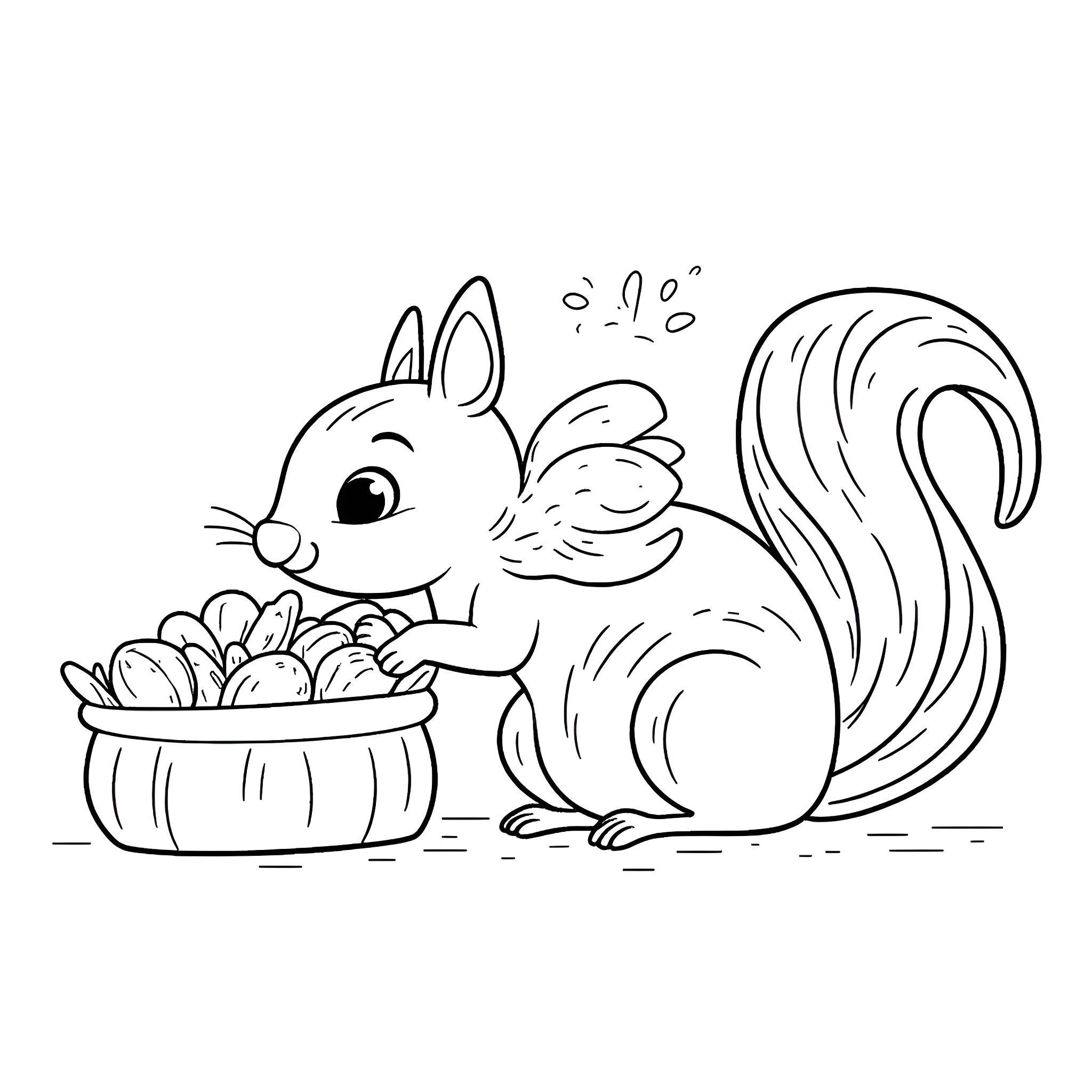 Squirrel collecting acorns for winter Coloring Page (free black-and-white line drawing printable PDF for all, from beginners to advanced learners, including children, teens, adults, and seniors)