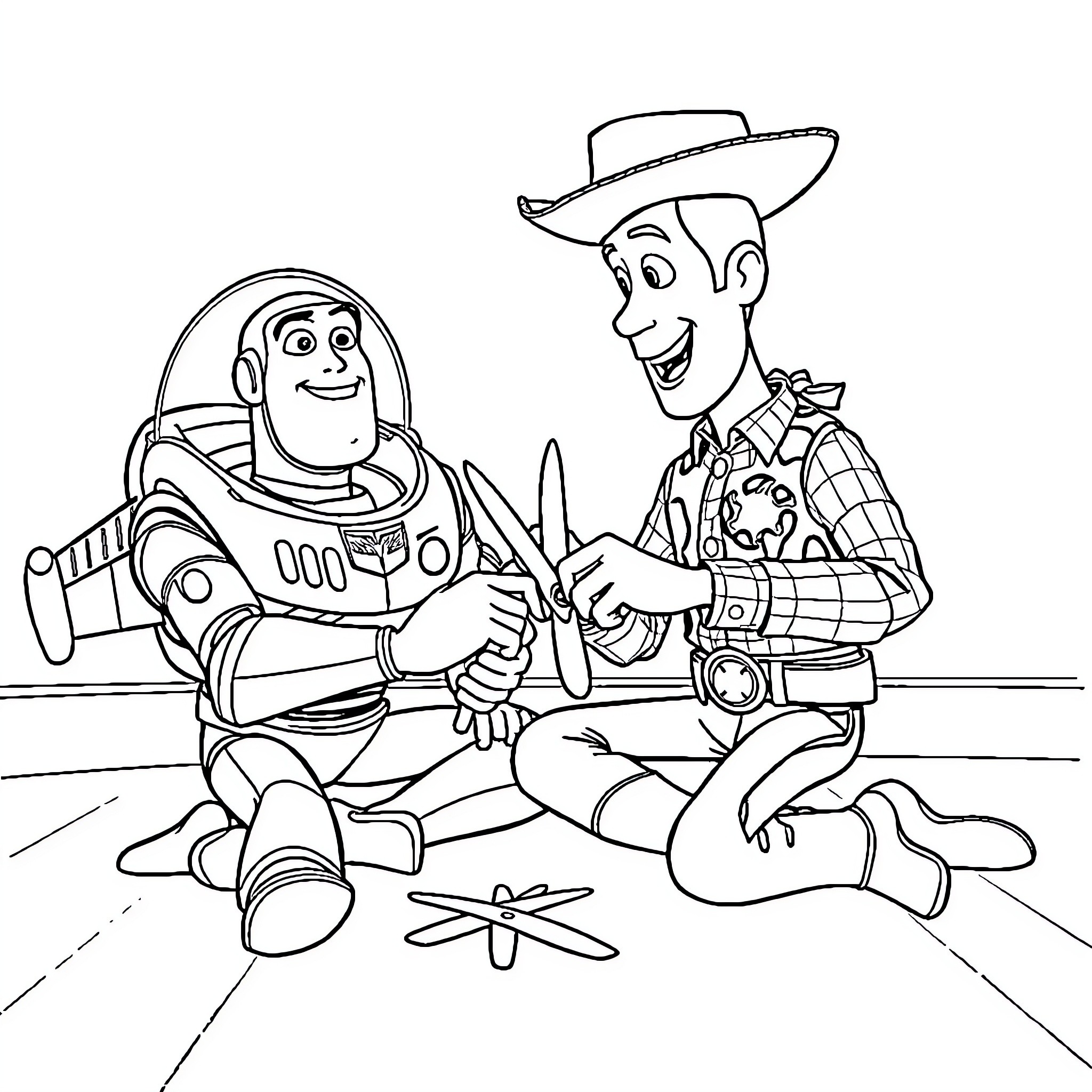 Buzz and Woody playing and exploring together Coloring Page (free black-and-white line drawing printable PDF for all, from beginners to advanced learners, including children, teens, adults, and seniors)