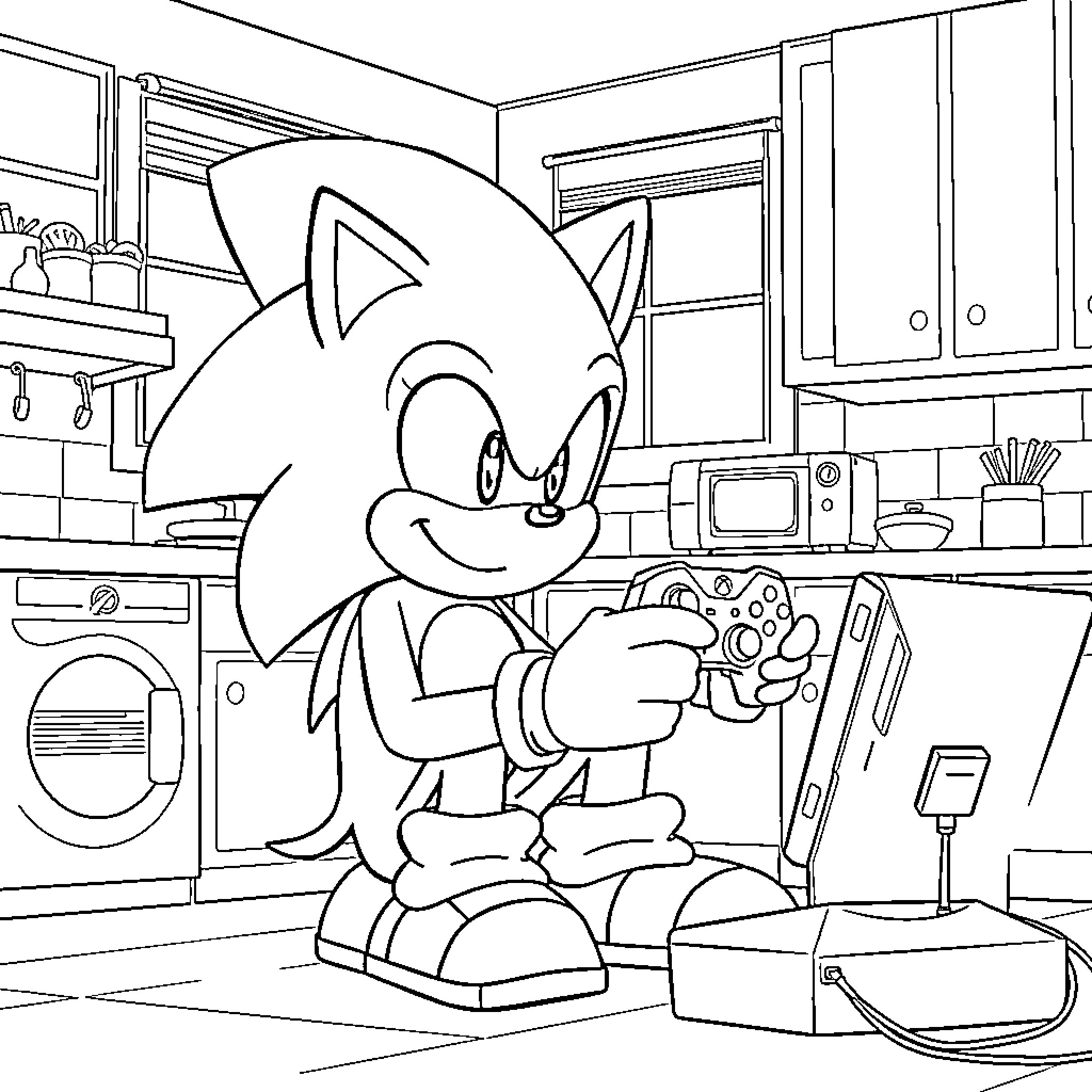 Sonic enjoying a gaming session in the kitchen Coloring Page (free black-and-white line drawing printable PDF for all, from beginners to advanced learners, including children, teens, adults, and seniors)
