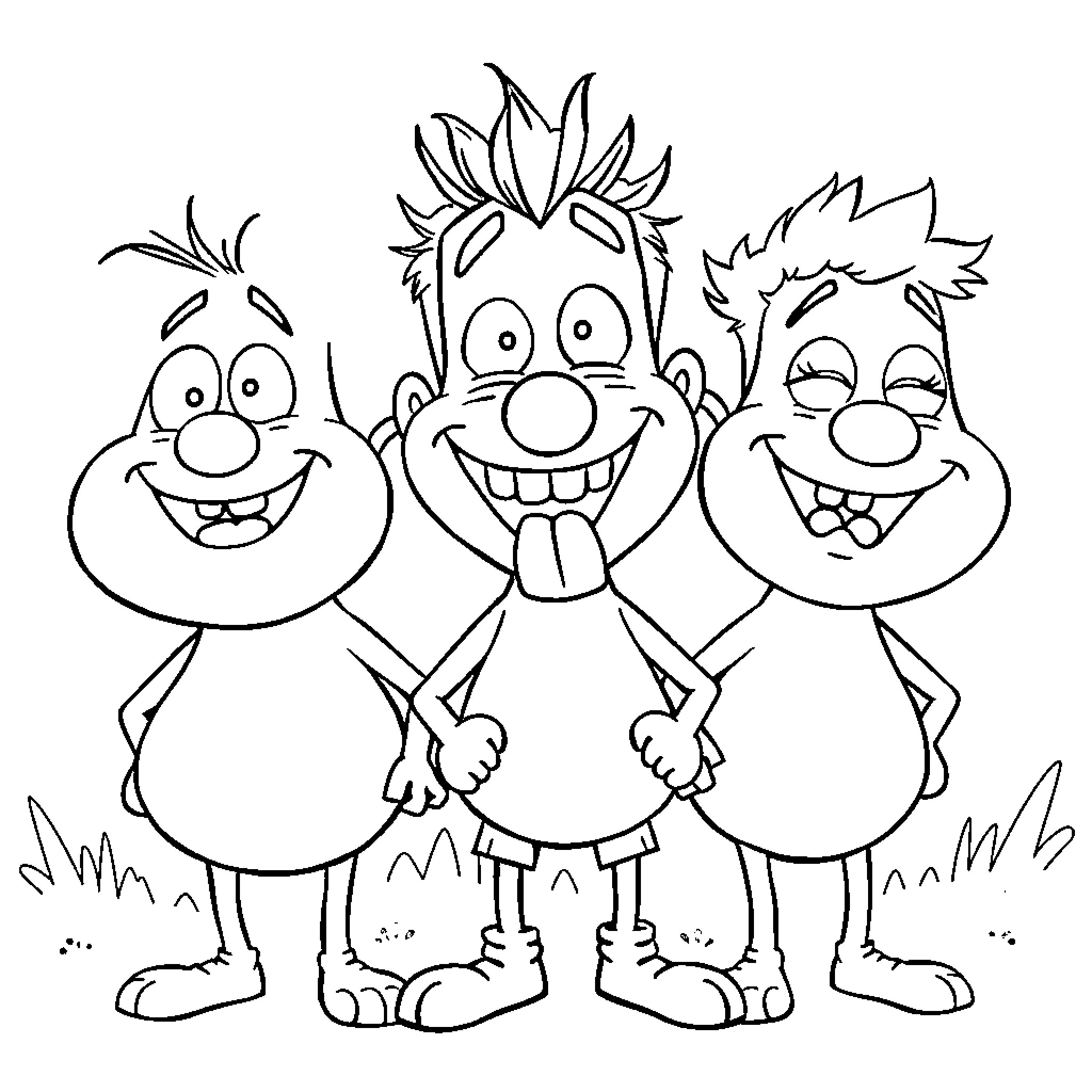 Cartoon Three Smiling Characters with Expressive Faces Coloring Page (free black-and-white line drawing printable PDF for all, from beginners to advanced learners, including children, teens, adults, and seniors)