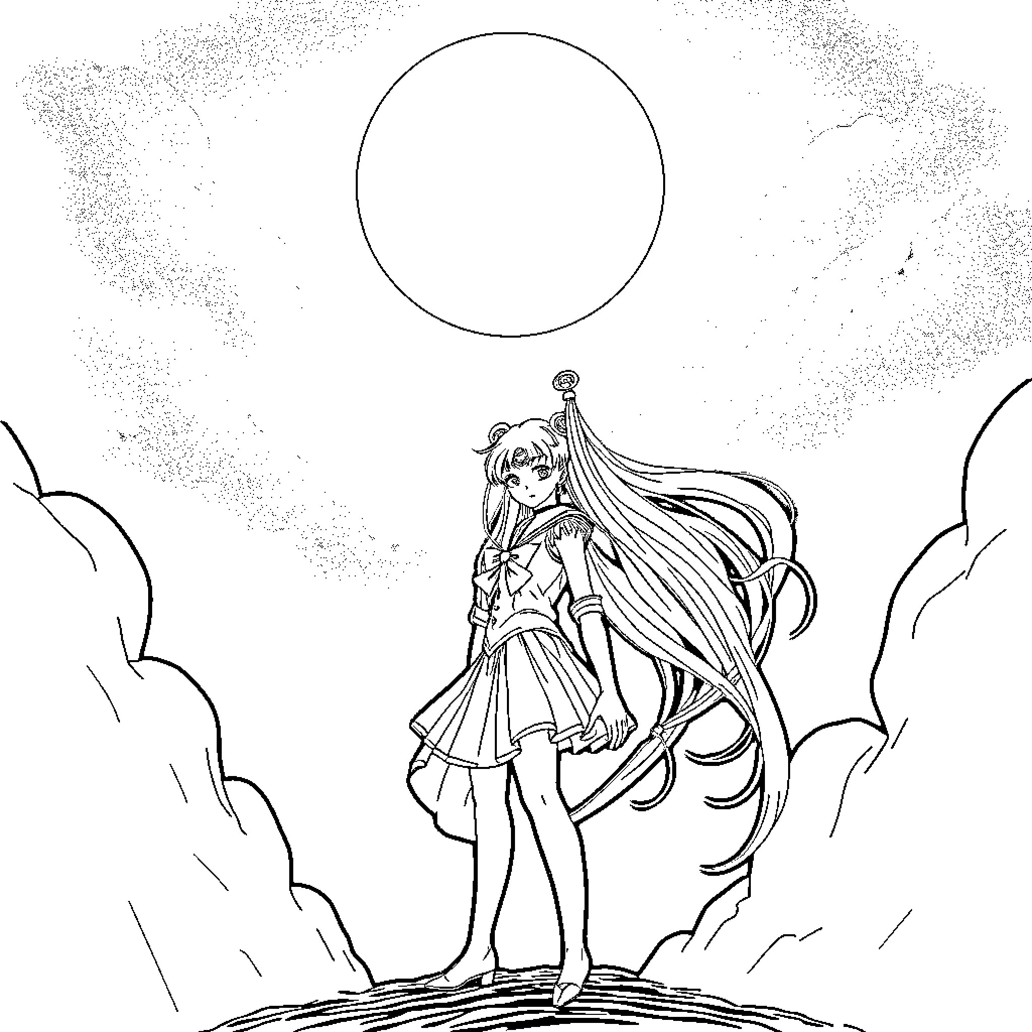 Sailor Moon gazing into the moonlit night Coloring Page (free black-and-white line drawing printable PDF for all, from beginners to advanced learners, including children, teens, adults, and seniors)