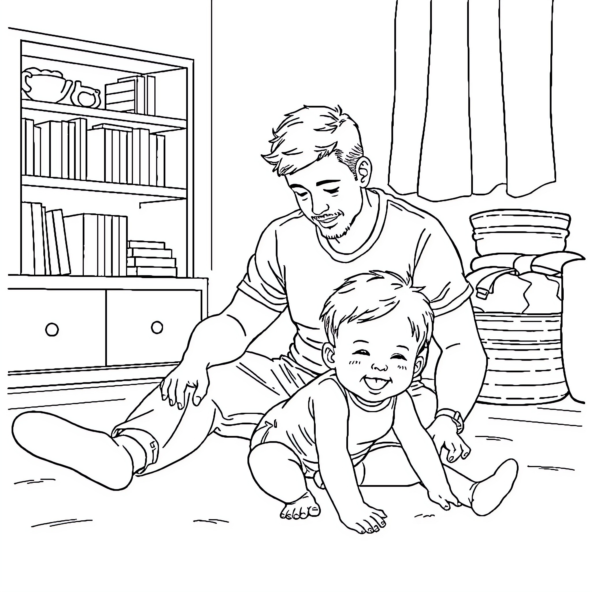 Daddy playing joyfully with young child at home Coloring Page (free black-and-white line drawing printable PDF for all, from beginners to advanced learners, including children, teens, adults, and seniors)