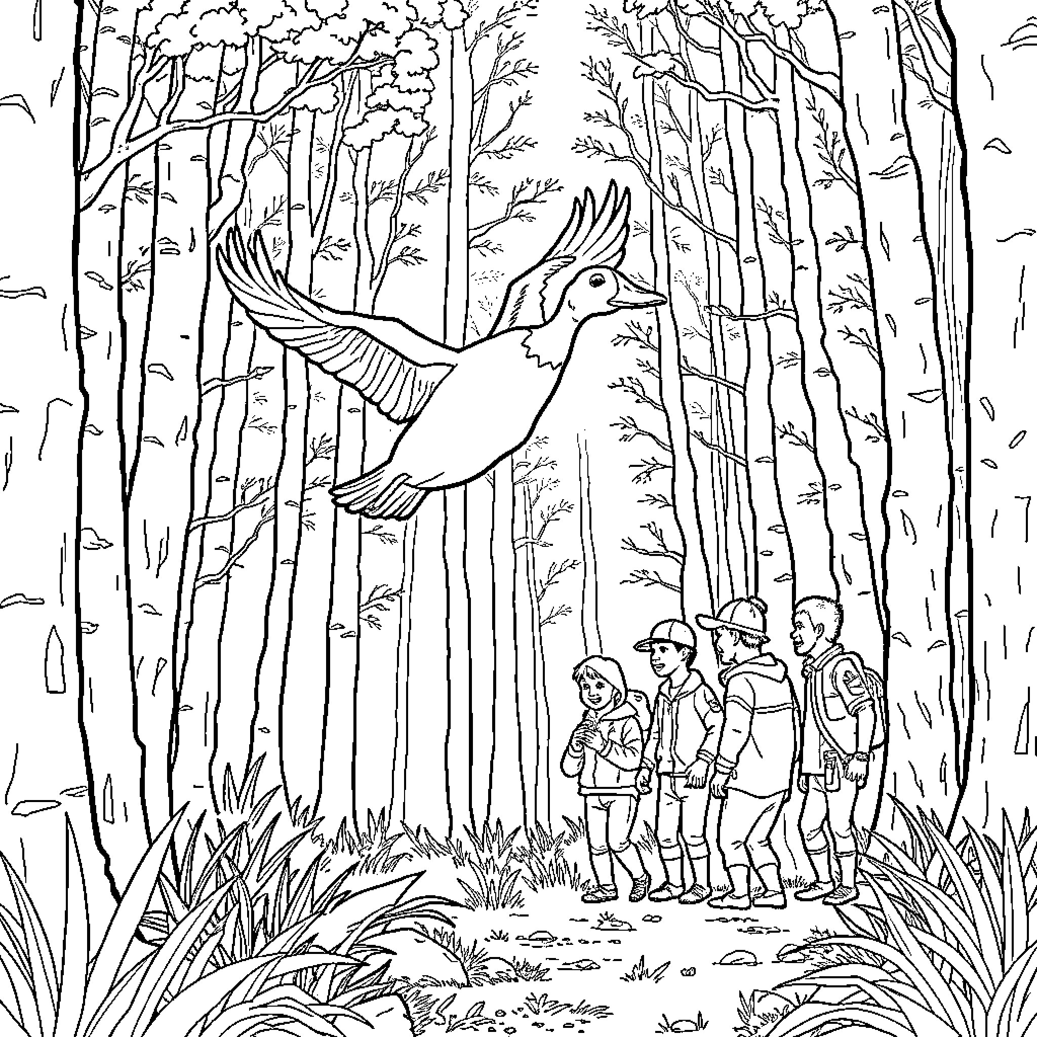 Duck soaring over hikers in forest Coloring Page (free black-and-white line drawing printable PDF for all, from beginners to advanced learners, including children, teens, adults, and seniors)