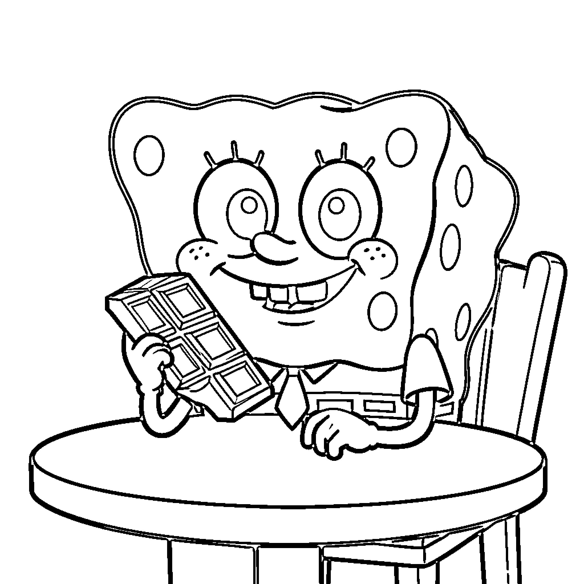 Bob Sponge smiling while holding a chocolate bar Coloring Page (free black-and-white line drawing printable PDF for all, from beginners to advanced learners, including children, teens, adults, and seniors)