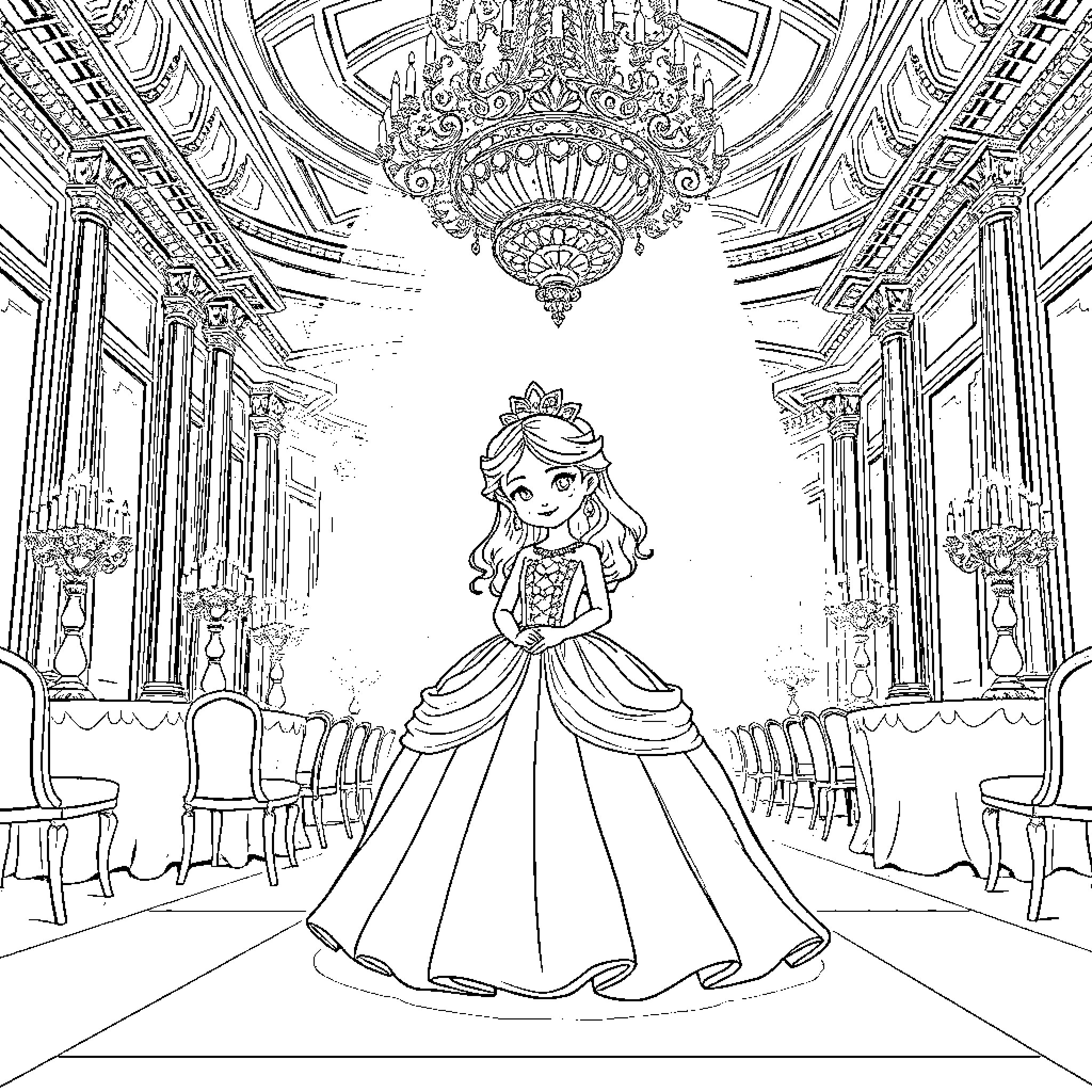 Cinderella's Elegant Ball Gown and Palace Setting Coloring Page (free black-and-white line drawing printable PDF for all, from beginners to advanced learners, including children, teens, adults, and seniors)