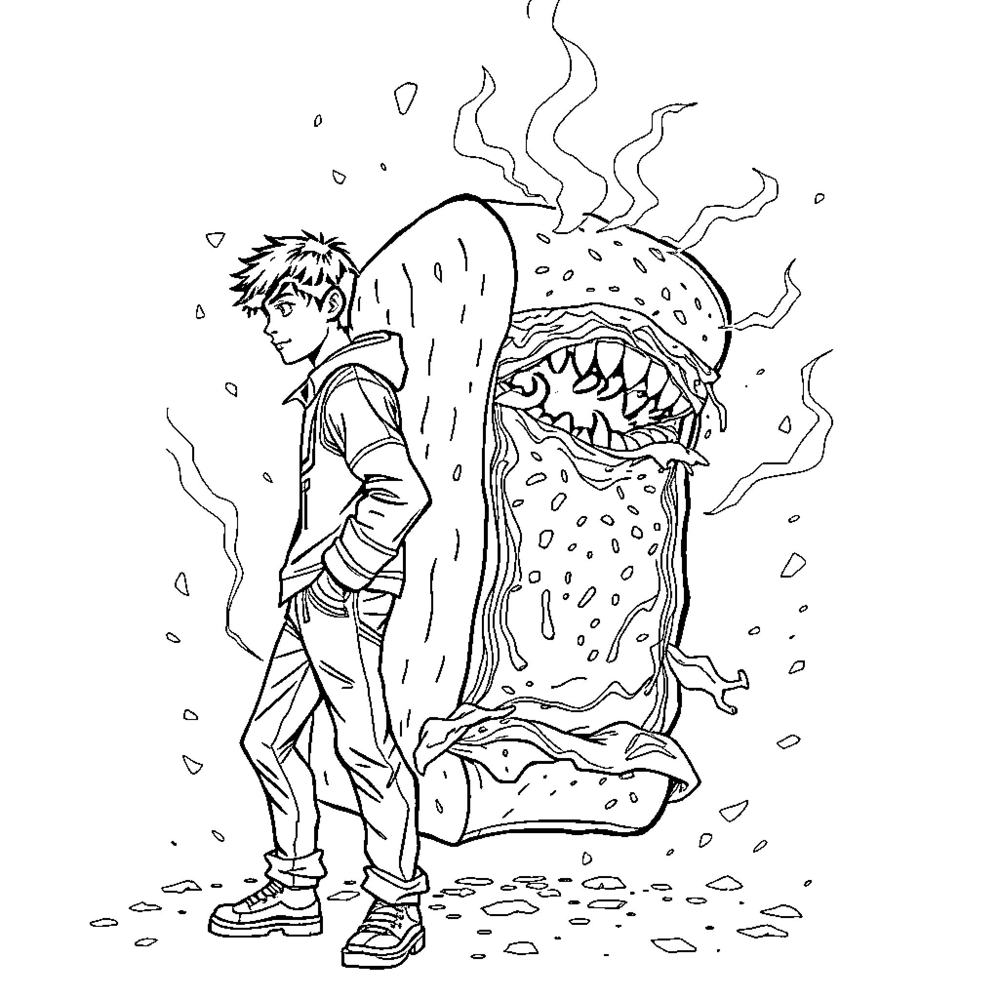 Percy Jackson Battles a Fearsome Creature Coloring Page (free black-and-white line drawing printable PDF for all, from beginners to advanced learners, including children, teens, adults, and seniors)