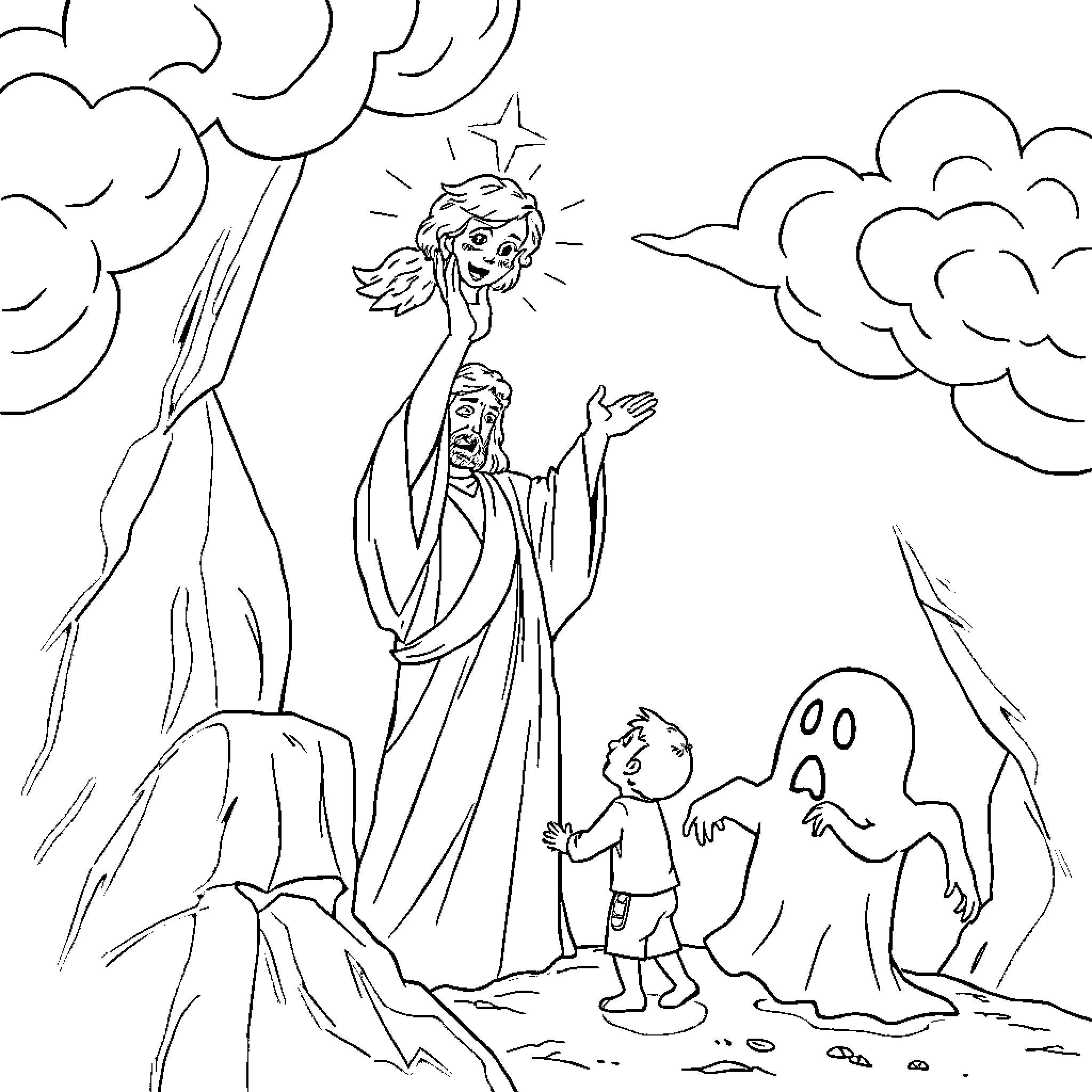 God's Wondrous Apparitions and Spirits Coloring Page (free black-and-white line drawing printable PDF for all, from beginners to advanced learners, including children, teens, adults, and seniors)