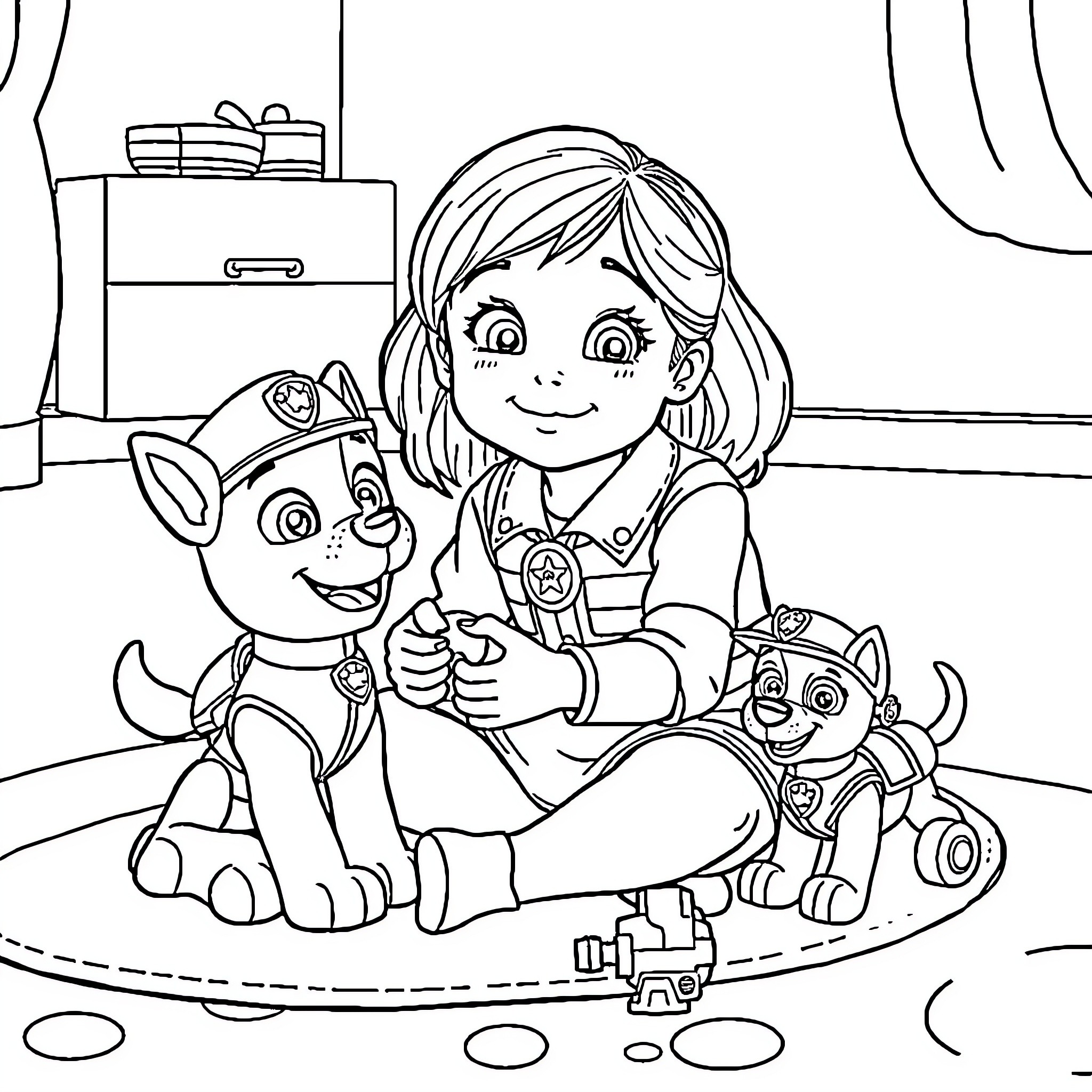 Sisters playing with puppies in the bedroom Coloring Page (free black-and-white line drawing printable PDF for all, from beginners to advanced learners, including children, teens, adults, and seniors)