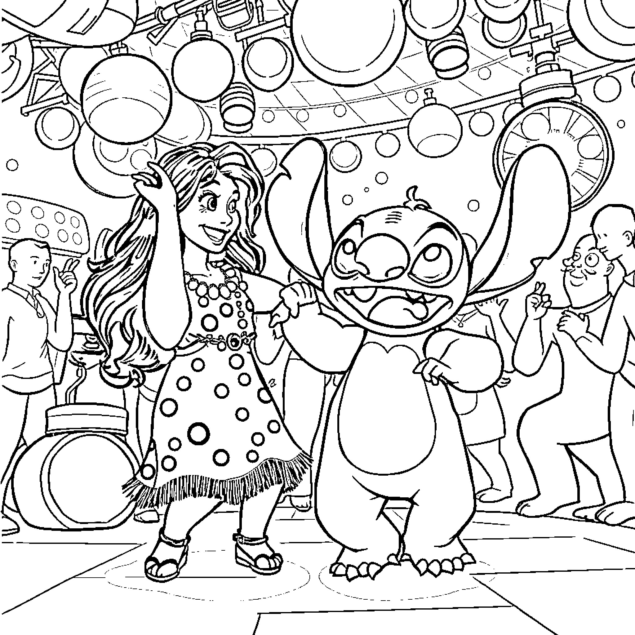 Lilo and Stitch explore their colorful world Coloring Page (free black-and-white line drawing printable PDF for all, from beginners to advanced learners, including children, teens, adults, and seniors)