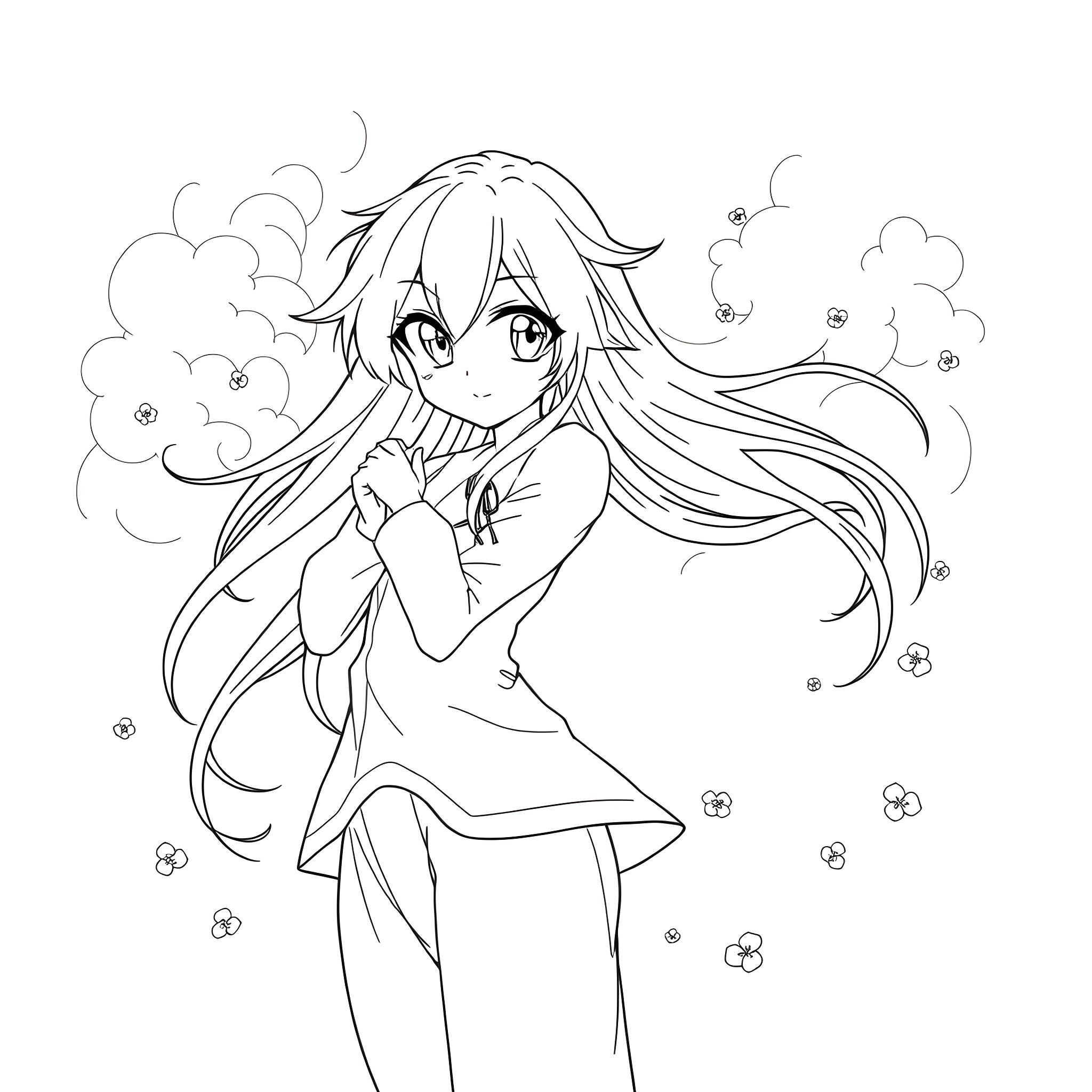 Anime Girl in Whimsical Daydream Coloring Page (free black-and-white line drawing printable PDF for all, from beginners to advanced learners, including children, teens, adults, and seniors)