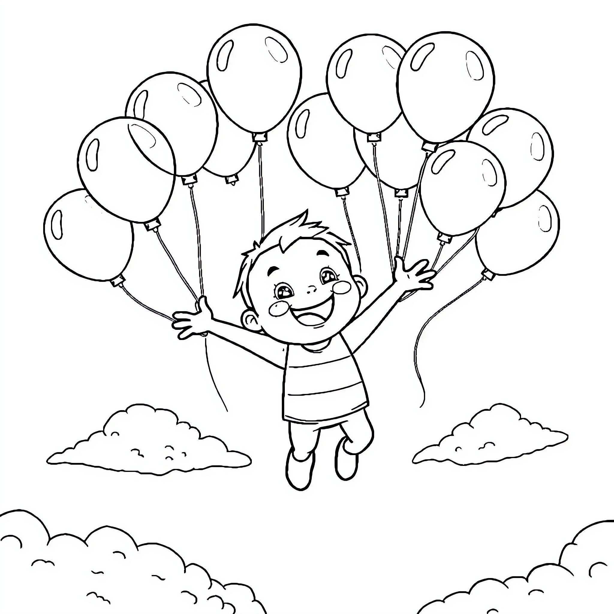 Bluey playing happily with balloons in the sky Coloring Page (free black-and-white line drawing printable PDF for all, from beginners to advanced learners, including children, teens, adults, and seniors)