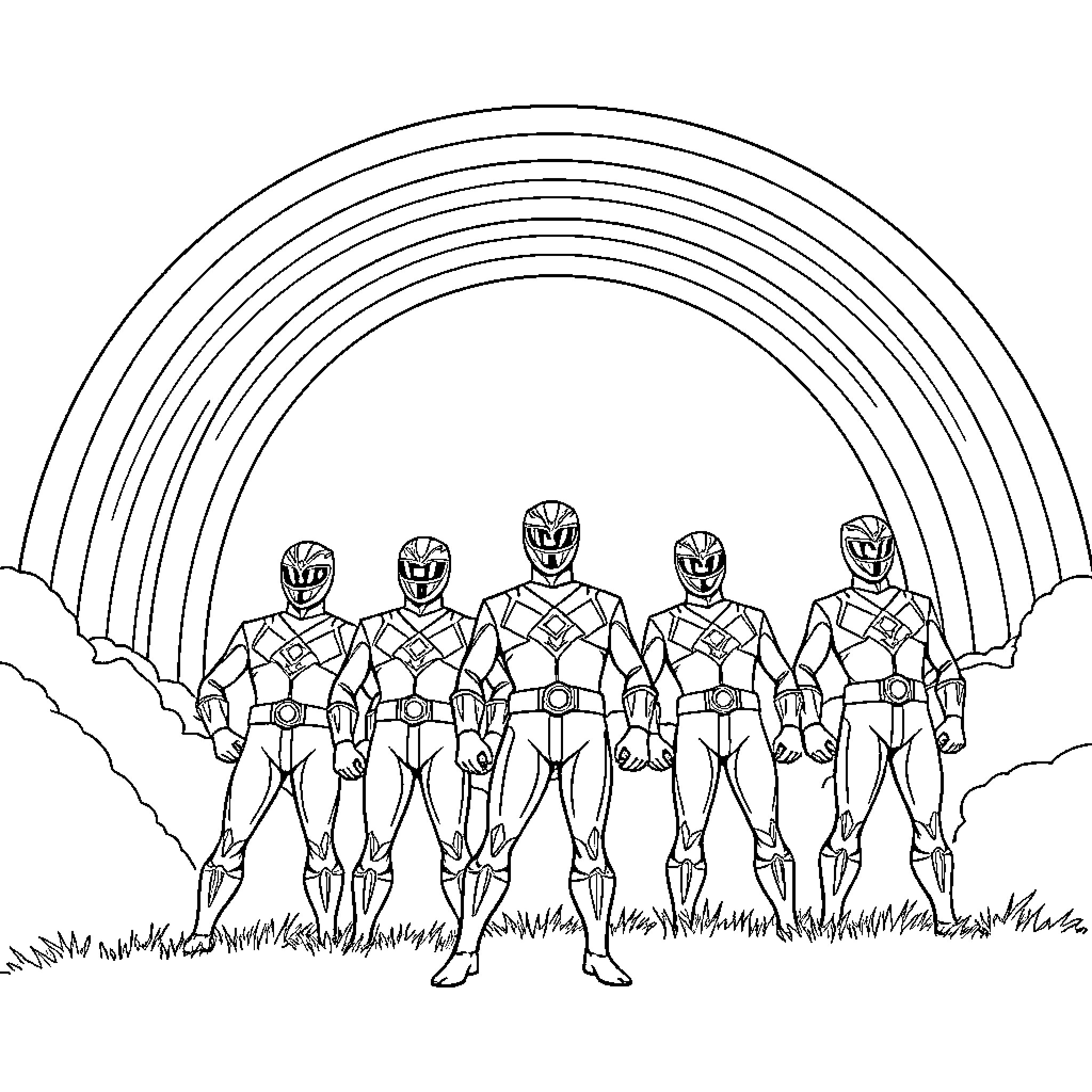 Power Rangers heroically standing united Coloring Page (free black-and-white line drawing printable PDF for all, from beginners to advanced learners, including children, teens, adults, and seniors)