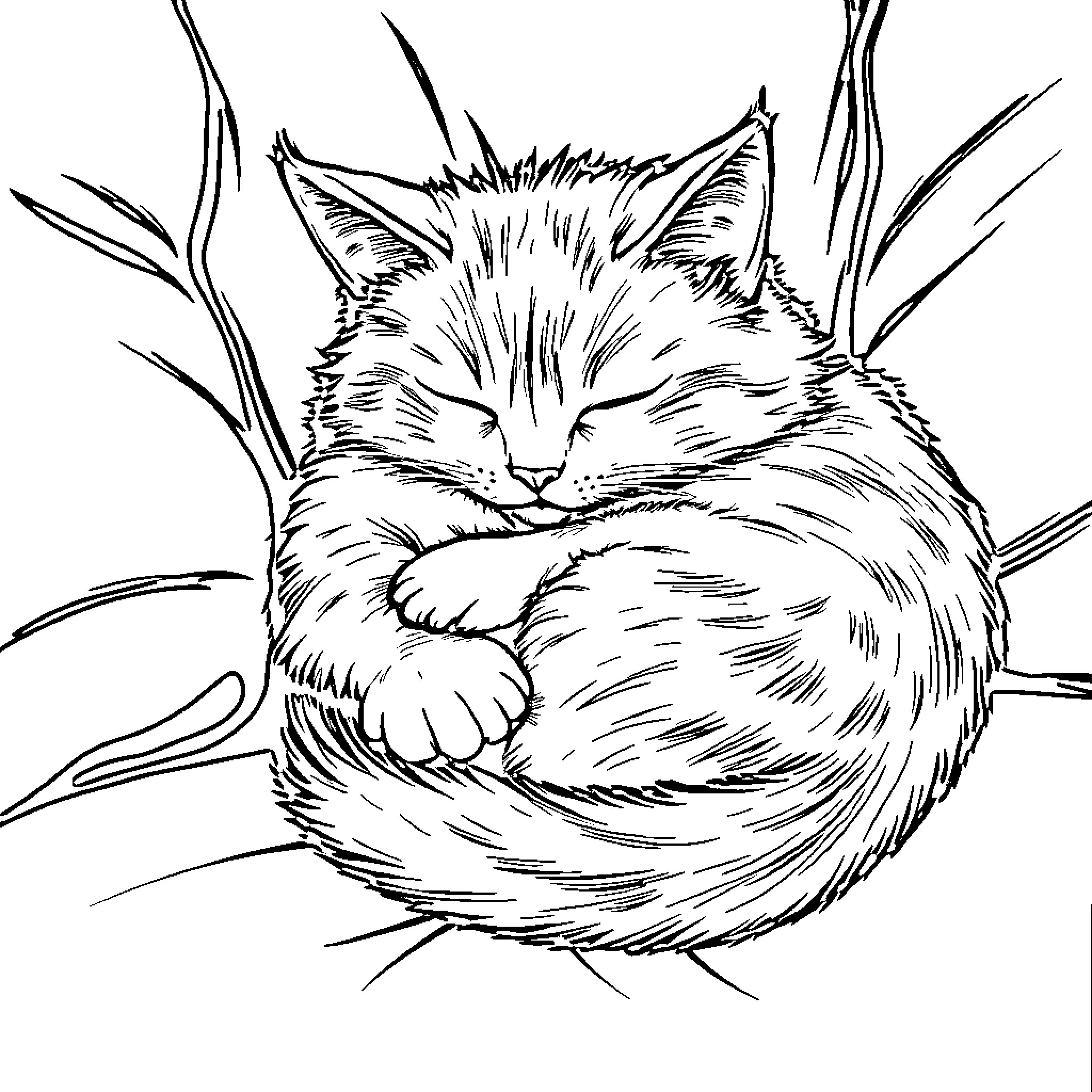 Cat curled up in cozy nest Coloring Page (free black-and-white line drawing printable PDF for all, from beginners to advanced learners, including children, teens, adults, and seniors)