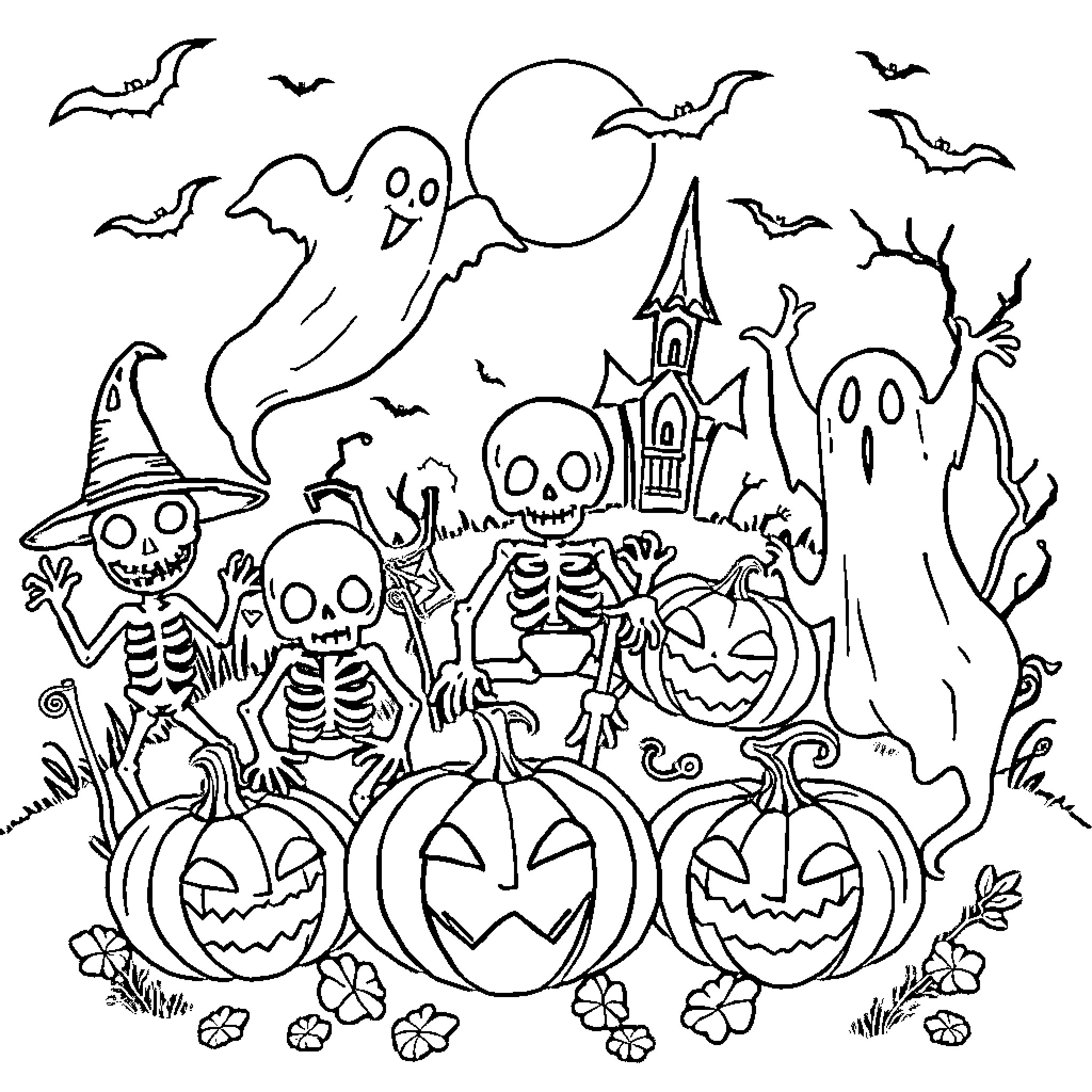Halloween Spook: Ghosts, Skeletons, and Pumpkins Coloring Page (free black-and-white line drawing printable PDF for all, from beginners to advanced learners, including children, teens, adults, and seniors)