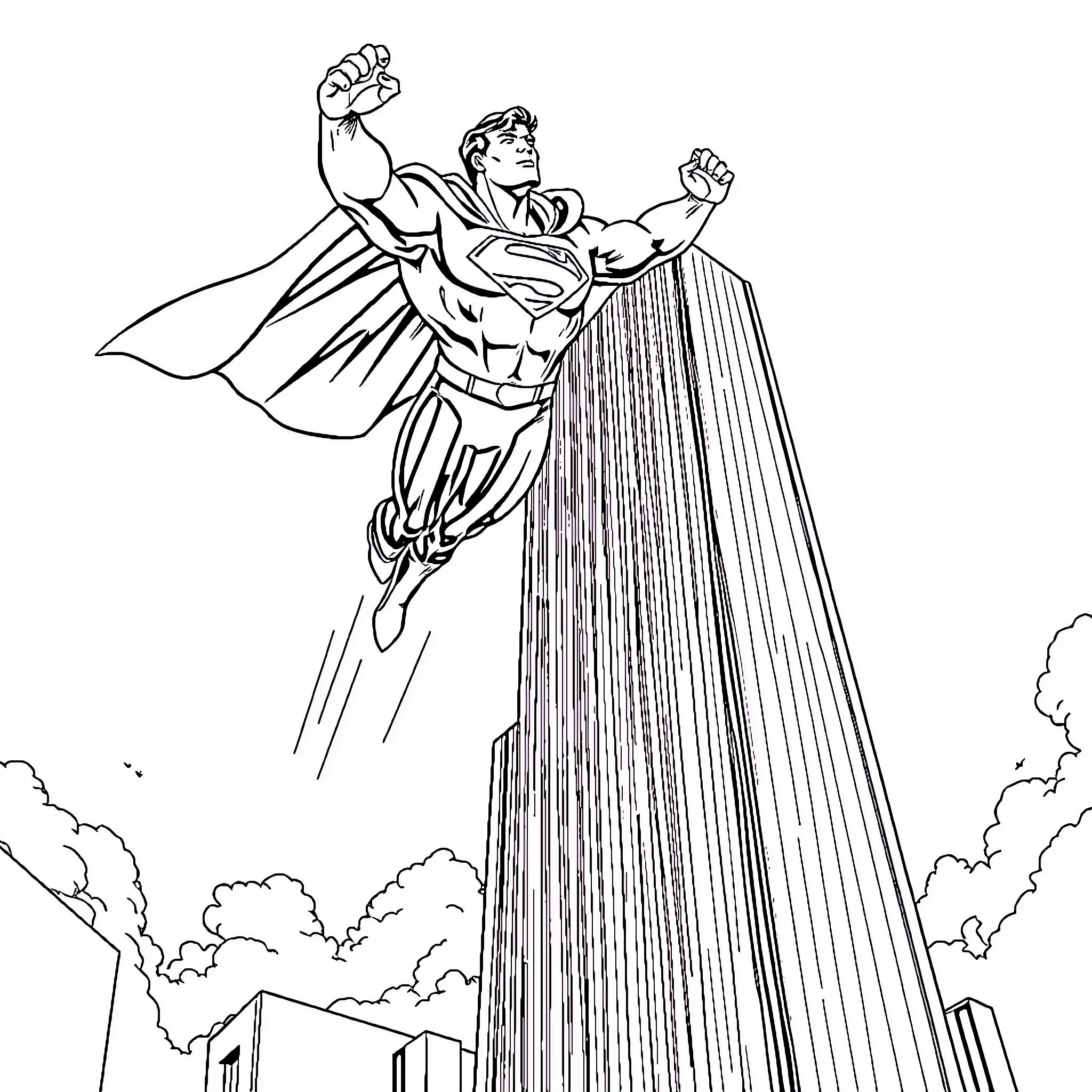 Superman soaring above the city with heroic pose Coloring Page (free black-and-white line drawing printable PDF for all, from beginners to advanced learners, including children, teens, adults, and seniors)