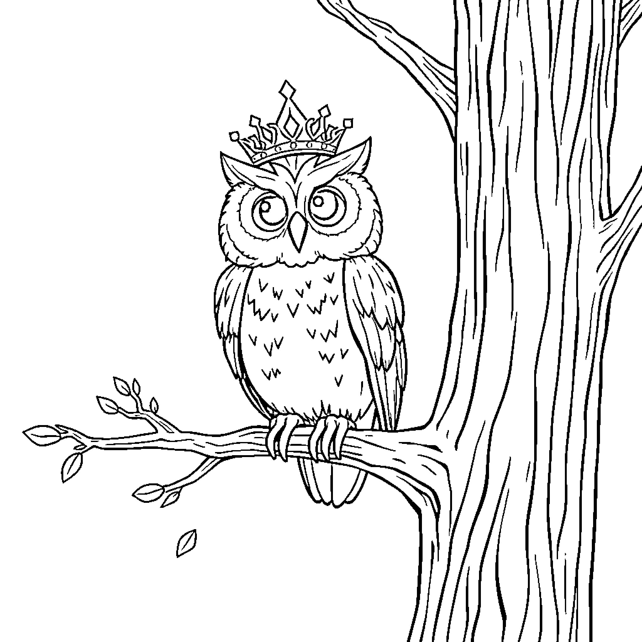 Owl in a Regal Perch Coloring Page (free black-and-white line drawing printable PDF for all, from beginners to advanced learners, including children, teens, adults, and seniors)