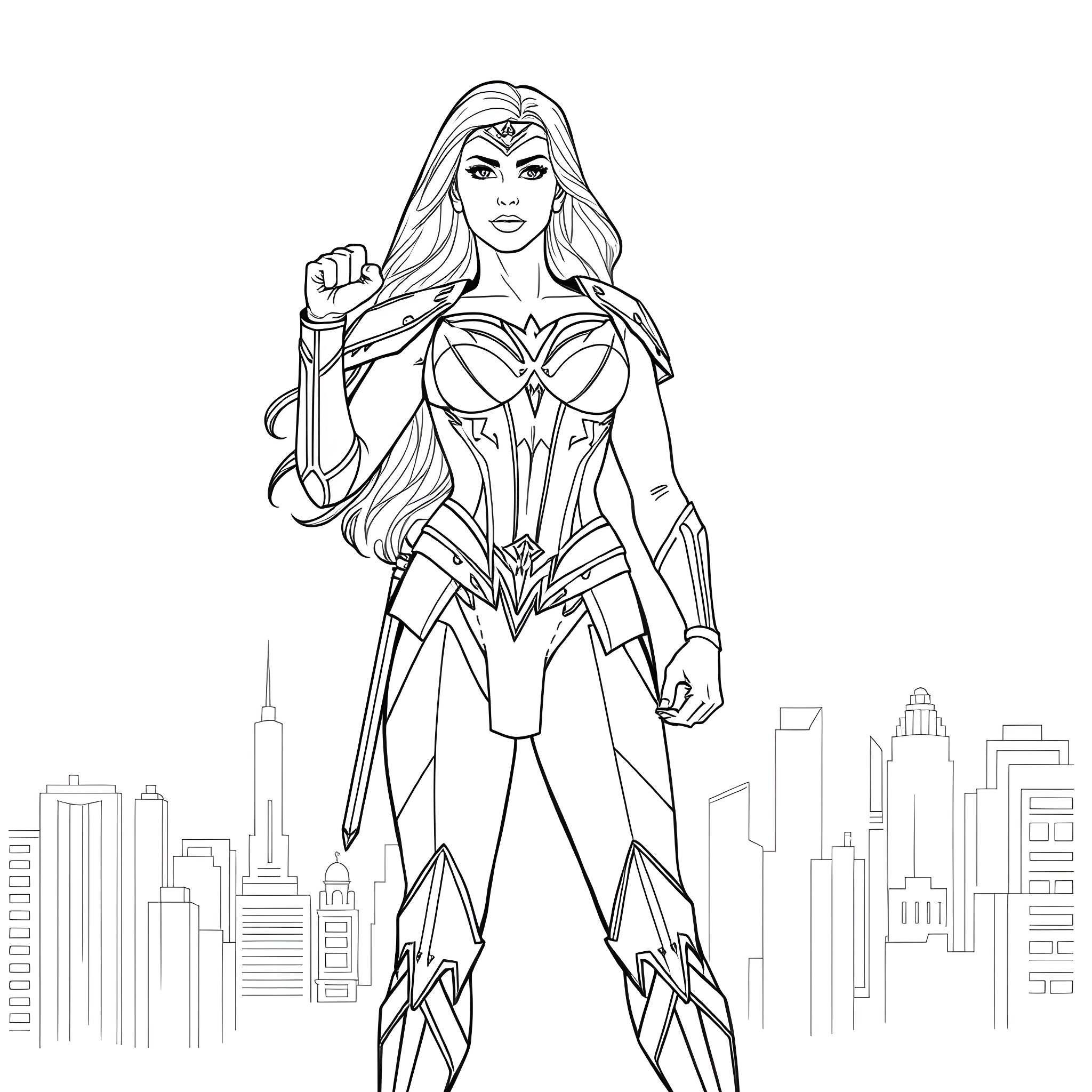 Wonder Woman in heroic pose with cityscape Coloring Page (free black-and-white line drawing printable PDF for all, from beginners to advanced learners, including children, teens, adults, and seniors)