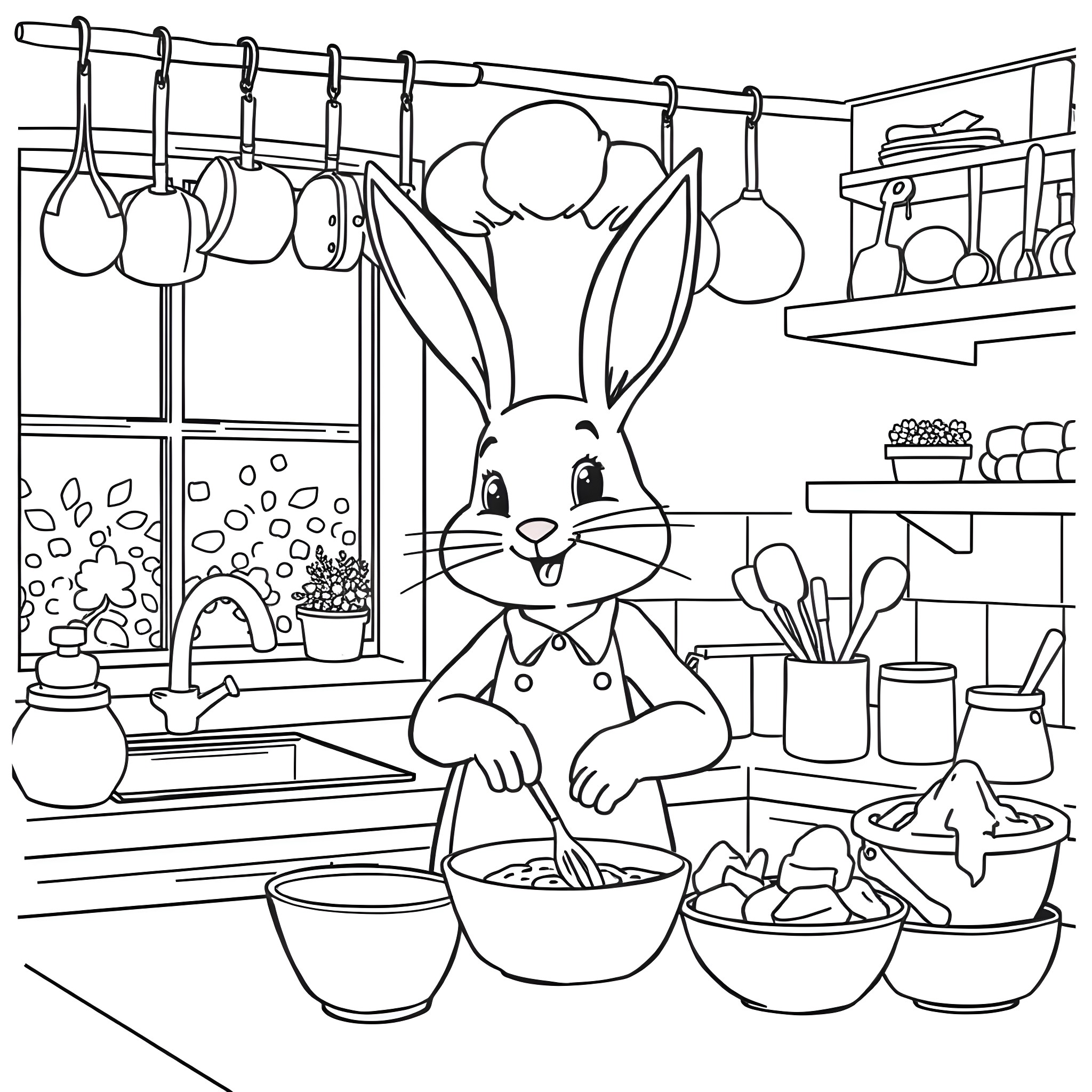 Bunny helping in the kitchen Coloring Page (free black-and-white line drawing printable PDF for all, from beginners to advanced learners, including children, teens, adults, and seniors)