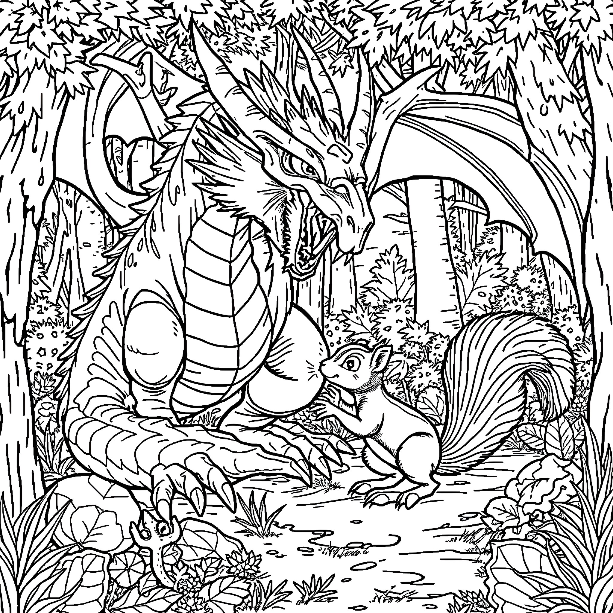 Dragon guarding its hoard in a magical forest Coloring Page (free black-and-white line drawing printable PDF for all, from beginners to advanced learners, including children, teens, adults, and seniors)