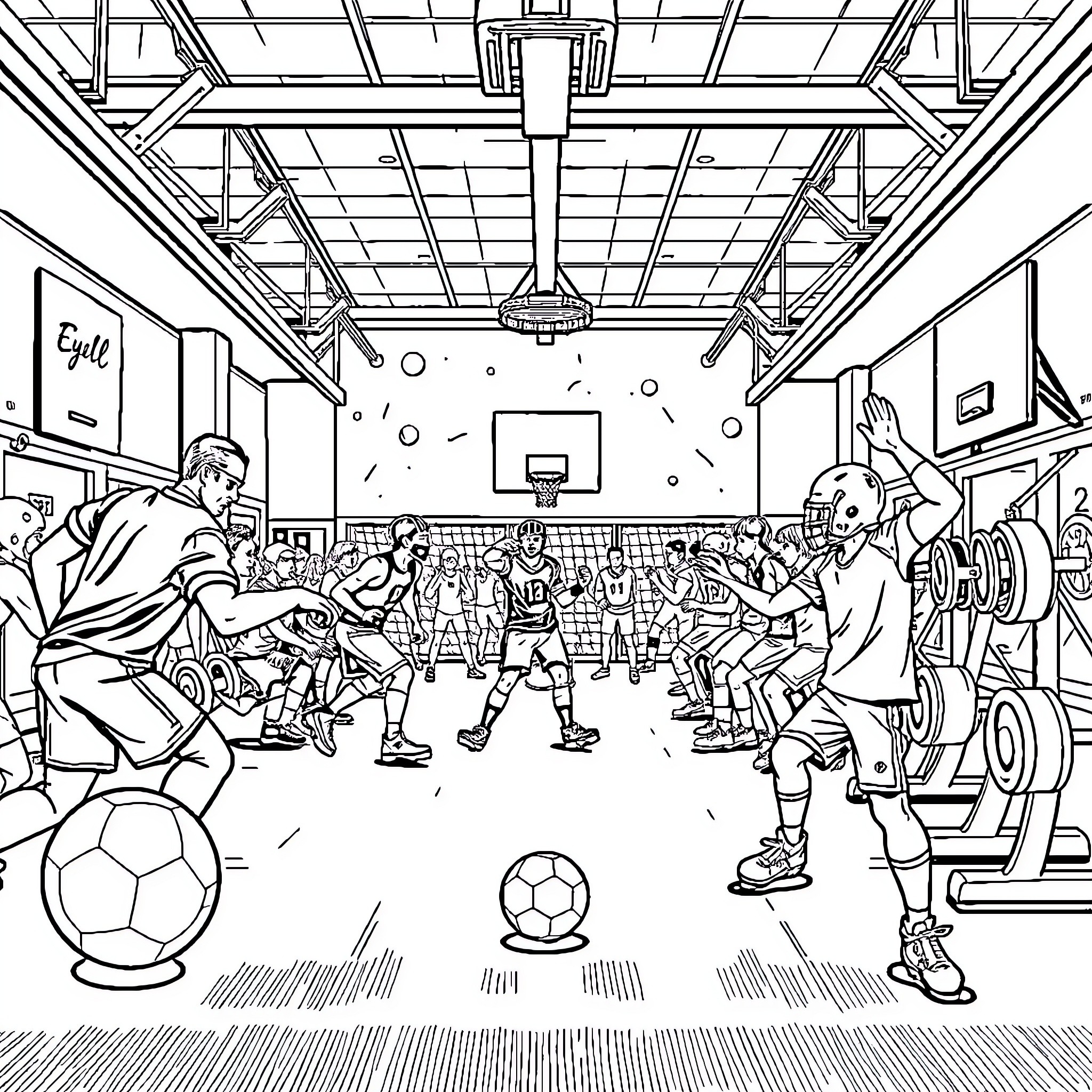 Athlete practicing soccer in a basketball court Coloring Page (free black-and-white line drawing printable PDF for all, from beginners to advanced learners, including children, teens, adults, and seniors)