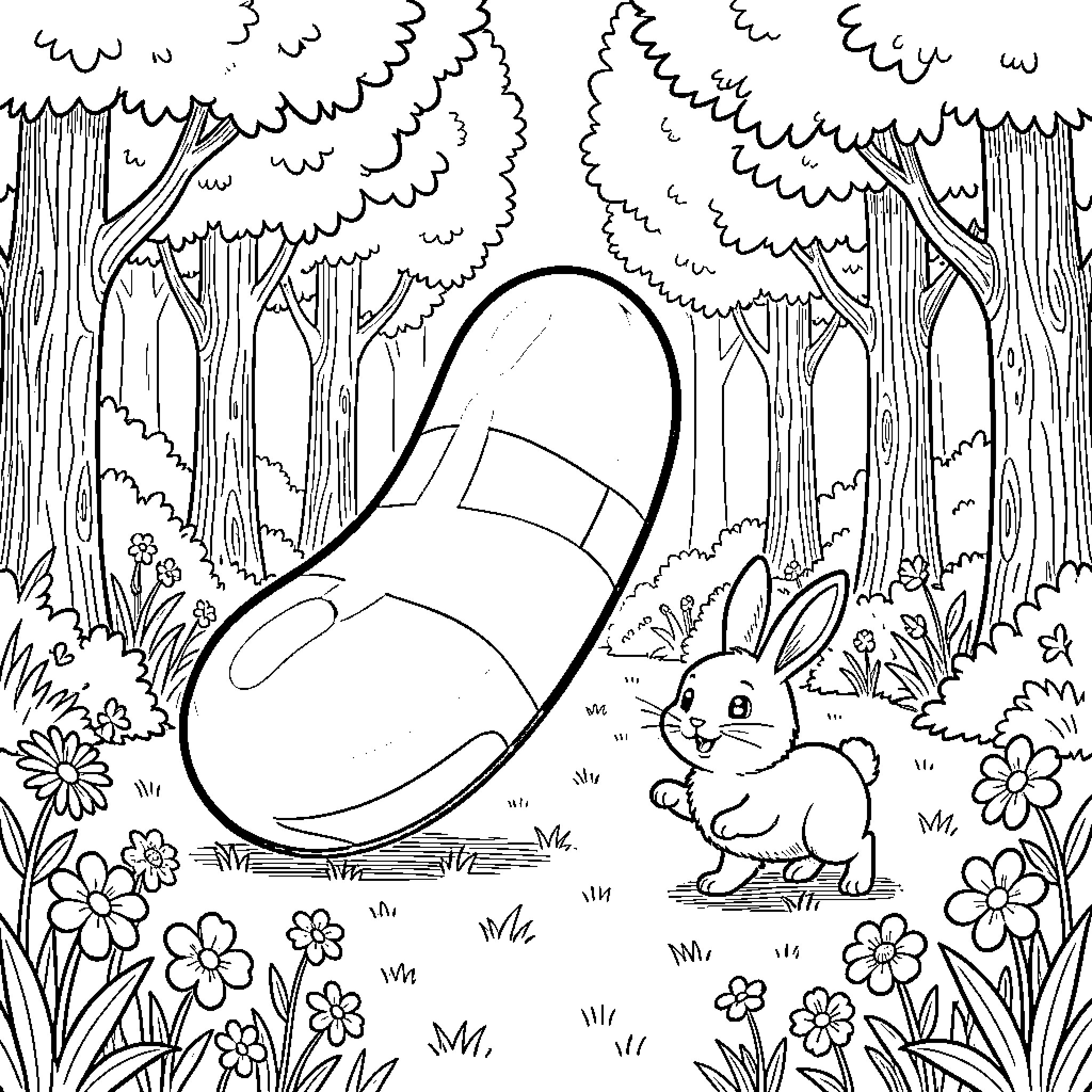 Jelly Bean Forest Adventure Coloring Page (free black-and-white line drawing printable PDF for all, from beginners to advanced learners, including children, teens, adults, and seniors)