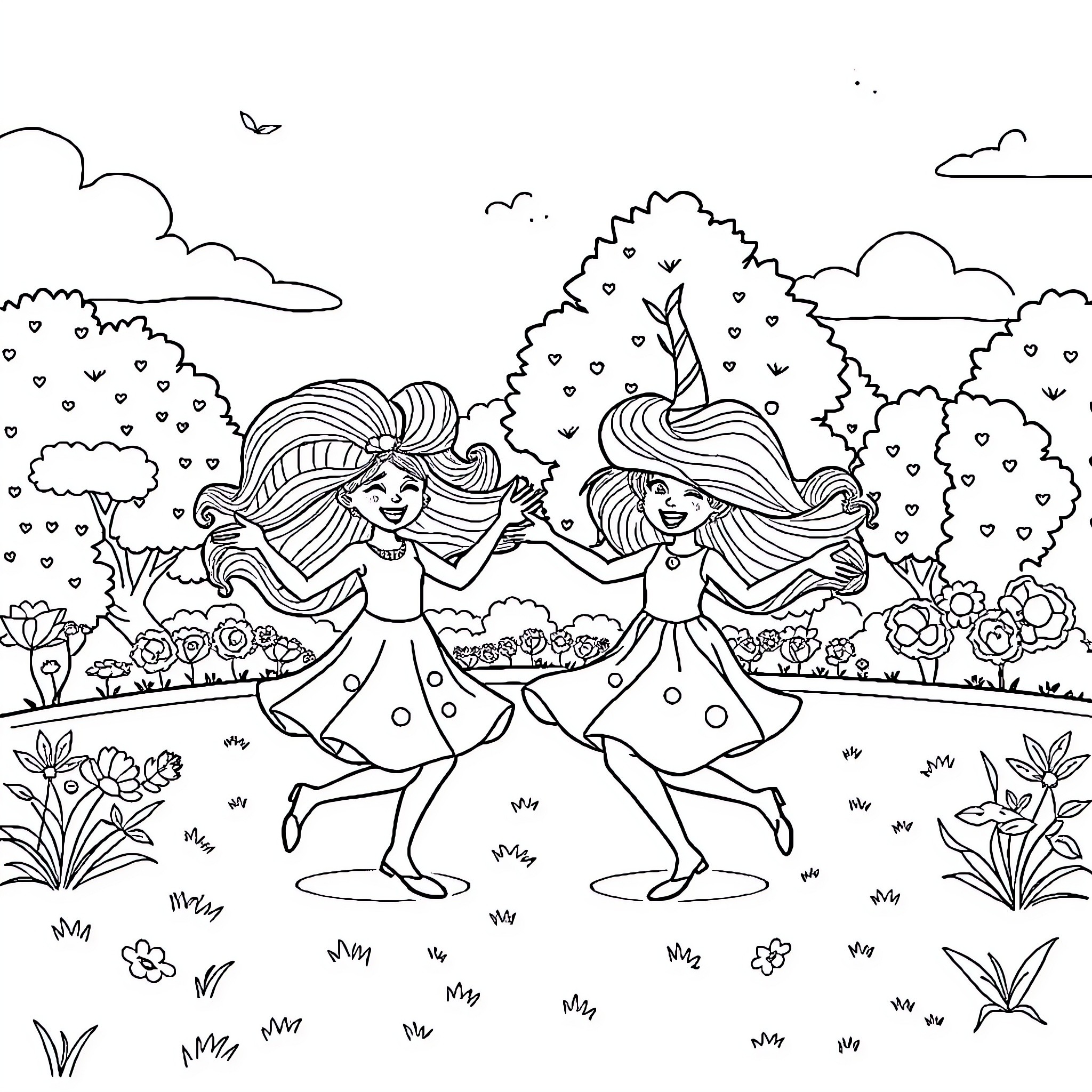 Fluvies dancing joyfully in a flowery meadow Coloring Page (free black-and-white line drawing printable PDF for all, from beginners to advanced learners, including children, teens, adults, and seniors)