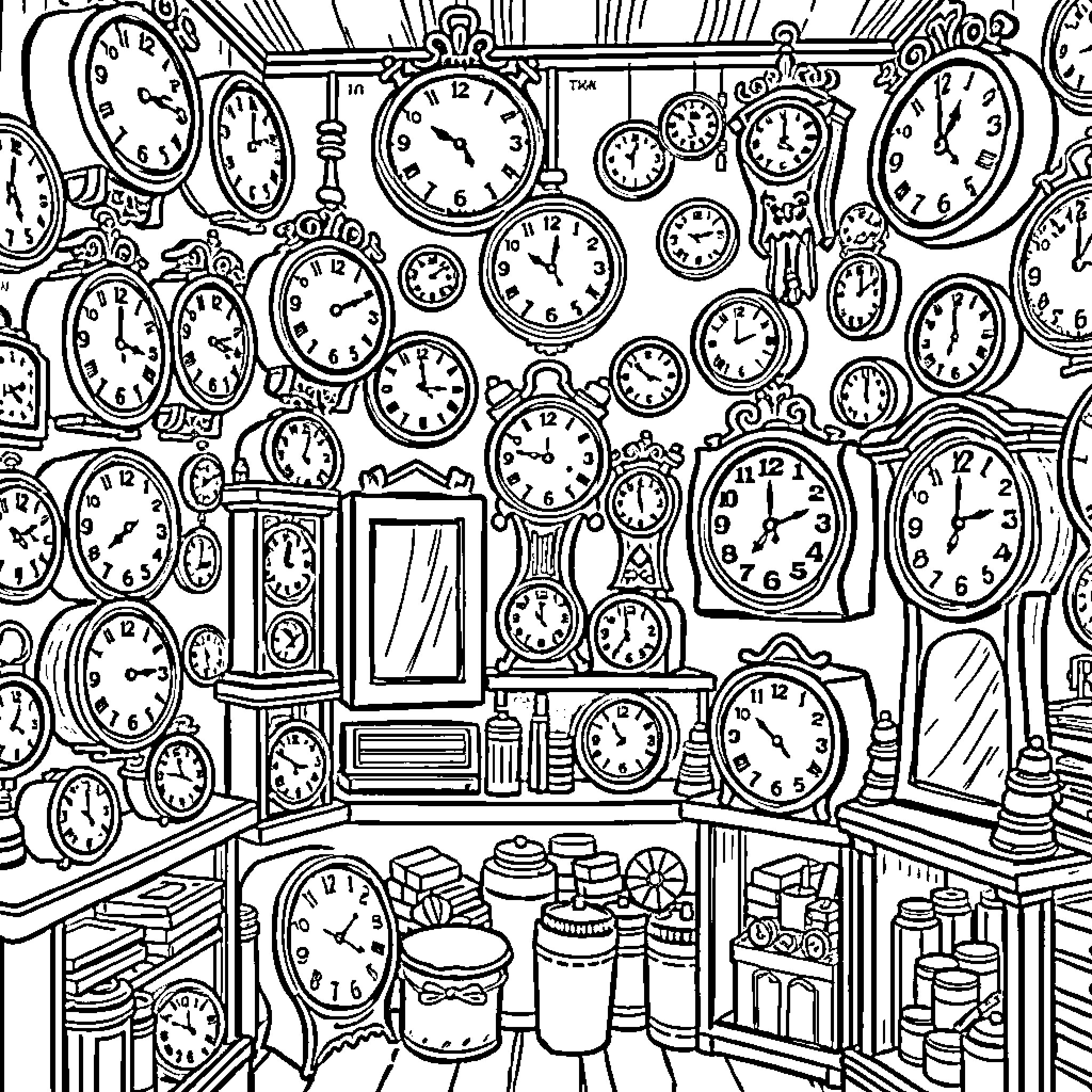 Clock Shelves Filled with Clocks of Various Styles and Sizes Coloring Page (free black-and-white line drawing printable PDF for all, from beginners to advanced learners, including children, teens, adults, and seniors)