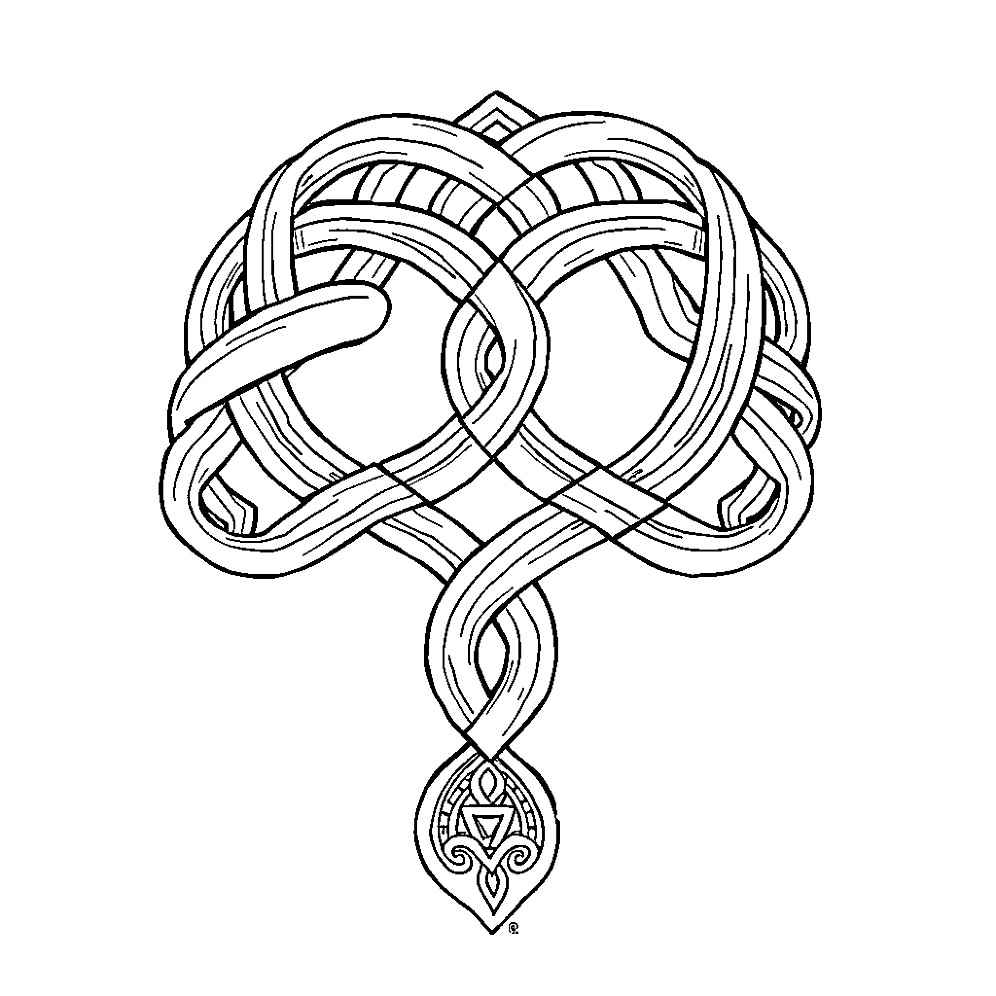 Riddler's Intricate Heart-Shaped Knot Coloring Page (free black-and-white line drawing printable PDF for all, from beginners to advanced learners, including children, teens, adults, and seniors)