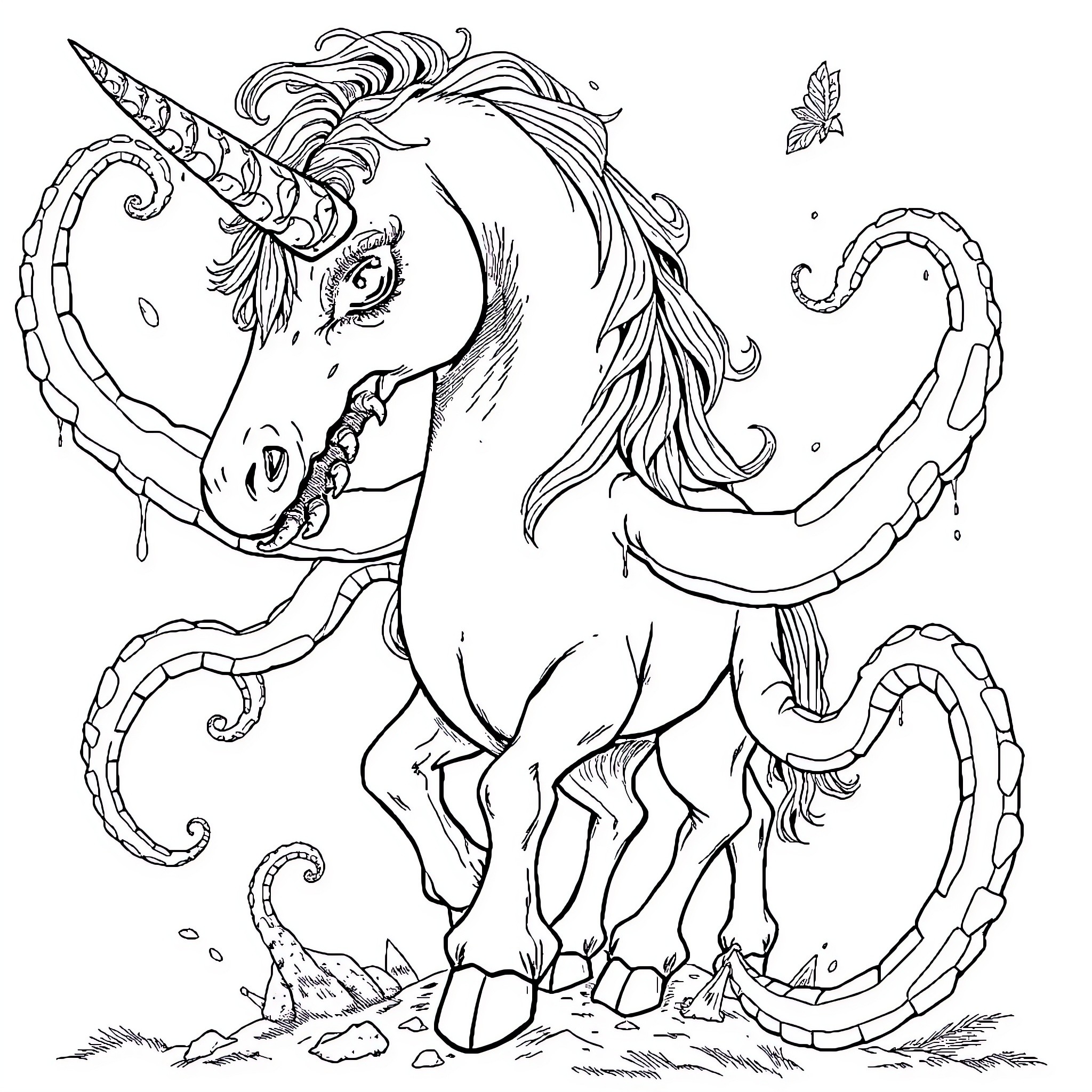 Cthulhu Unicorn with Twisted Tentacles and Flowing Mane Coloring Page (free black-and-white line drawing printable PDF for all, from beginners to advanced learners, including children, teens, adults, and seniors)