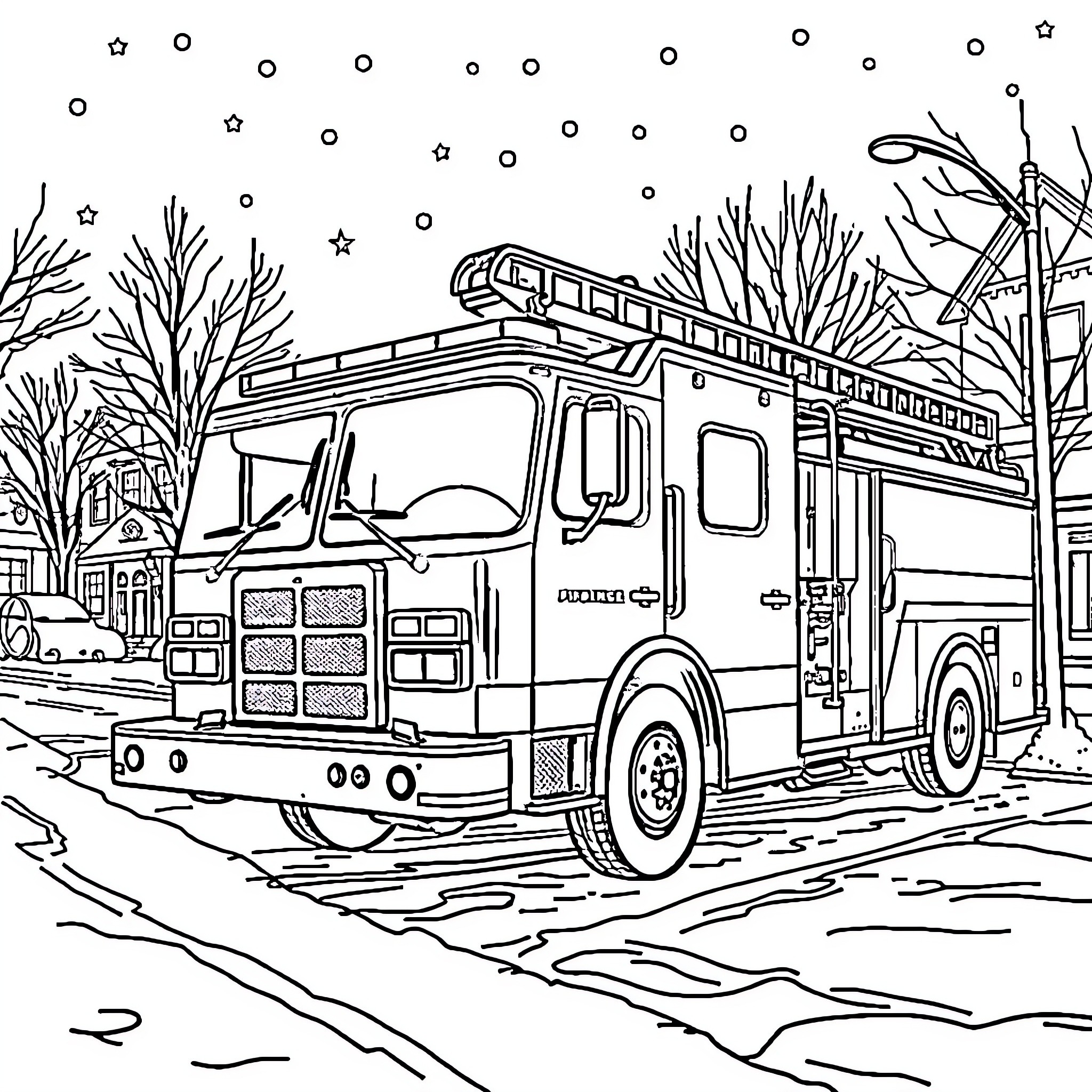 Fire Truck responding to a call in the snowy night Coloring Page (free black-and-white line drawing printable PDF for all, from beginners to advanced learners, including children, teens, adults, and seniors)