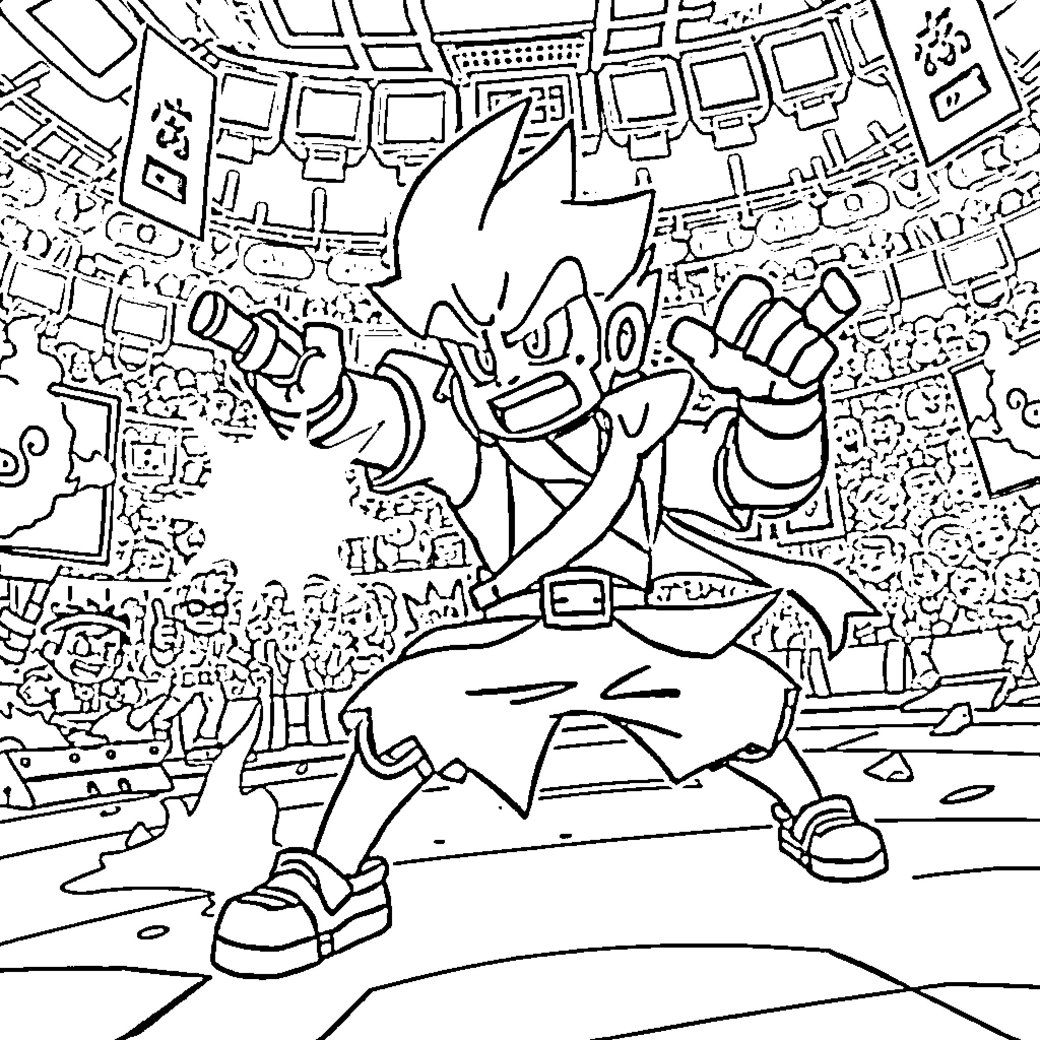 Kenji's Animated Adventure in the City Coloring Page (free black-and-white line drawing printable PDF for all, from beginners to advanced learners, including children, teens, adults, and seniors)