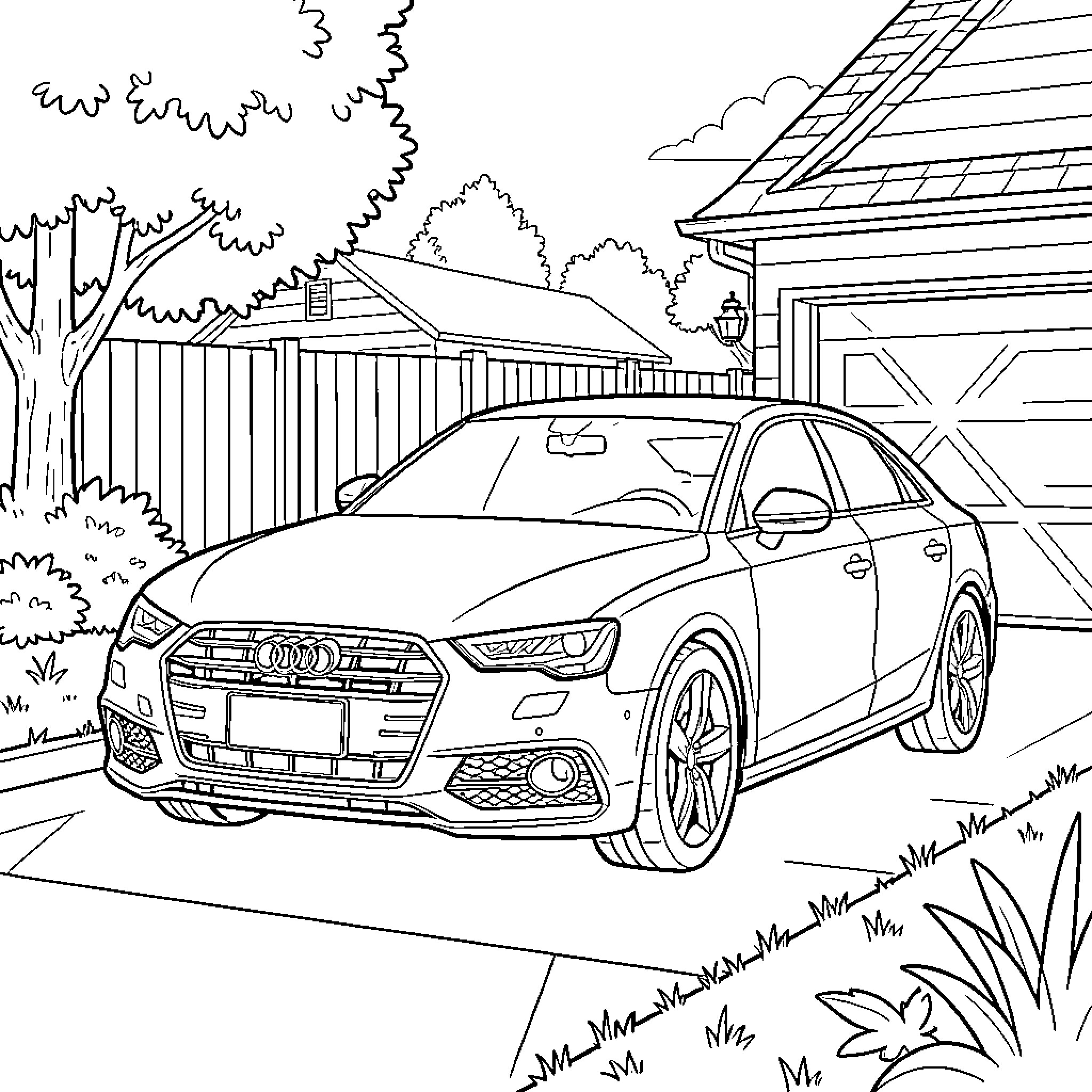 Car parked in a driveway next to a house Coloring Page (free black-and-white line drawing printable PDF for all, from beginners to advanced learners, including children, teens, adults, and seniors)