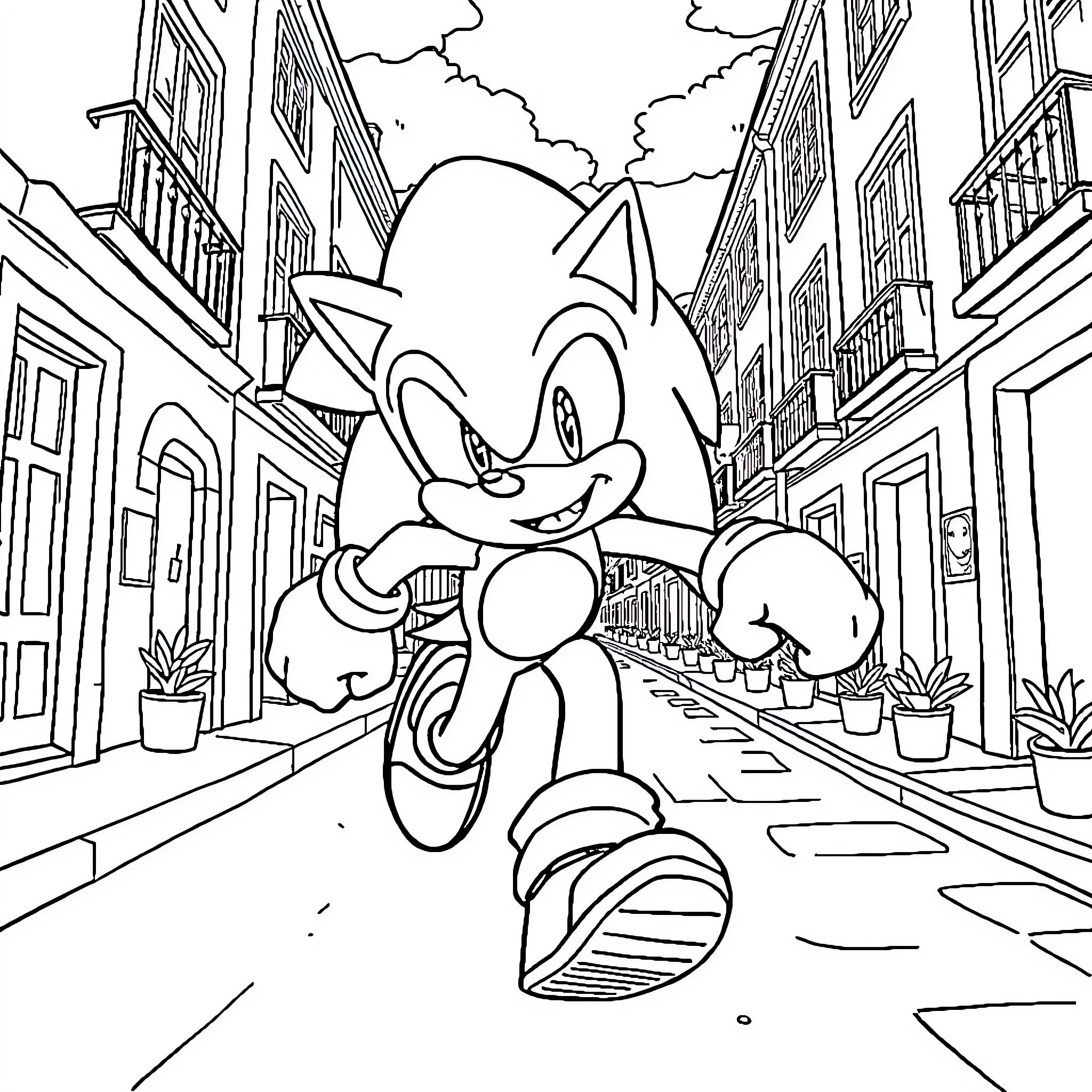 Sonic's Lively Adventure in the City Coloring Page (free black-and-white line drawing printable PDF for all, from beginners to advanced learners, including children, teens, adults, and seniors)