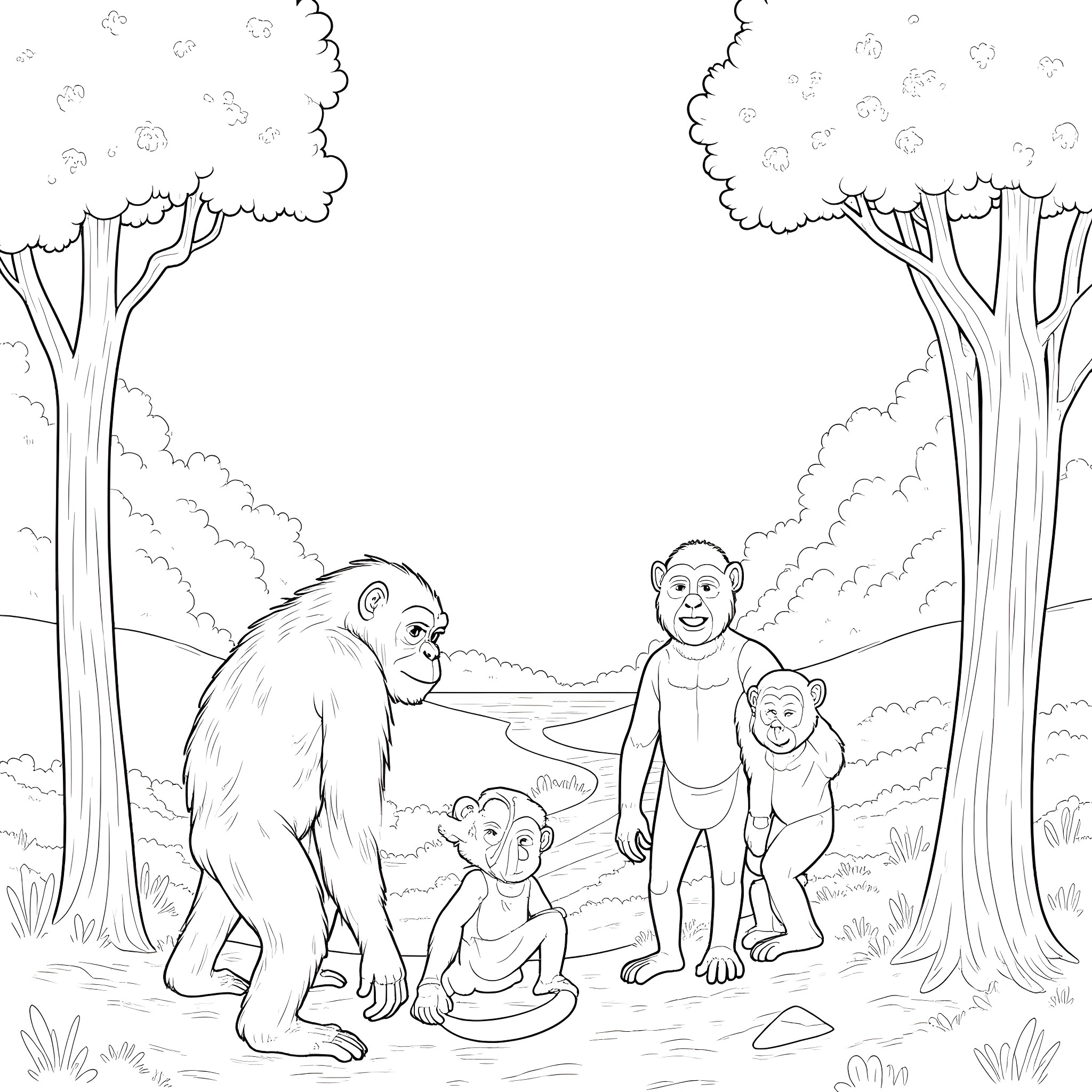 Ape Family Exploring Nature Coloring Page (free black-and-white line drawing printable PDF for all, from beginners to advanced learners, including children, teens, adults, and seniors)