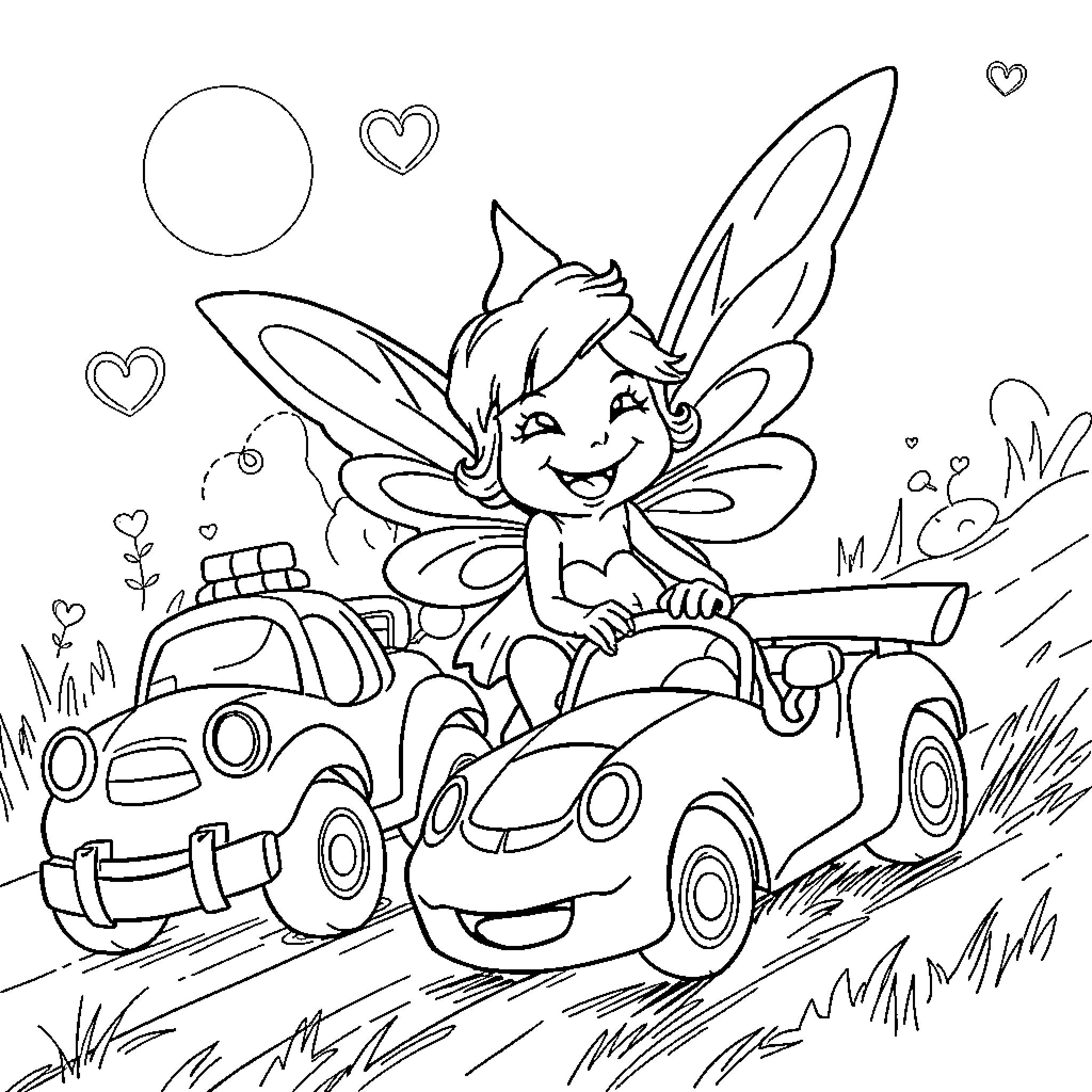 Fairy happily driving toy cars with butterflies Coloring Page (free black-and-white line drawing printable PDF for all, from beginners to advanced learners, including children, teens, adults, and seniors)