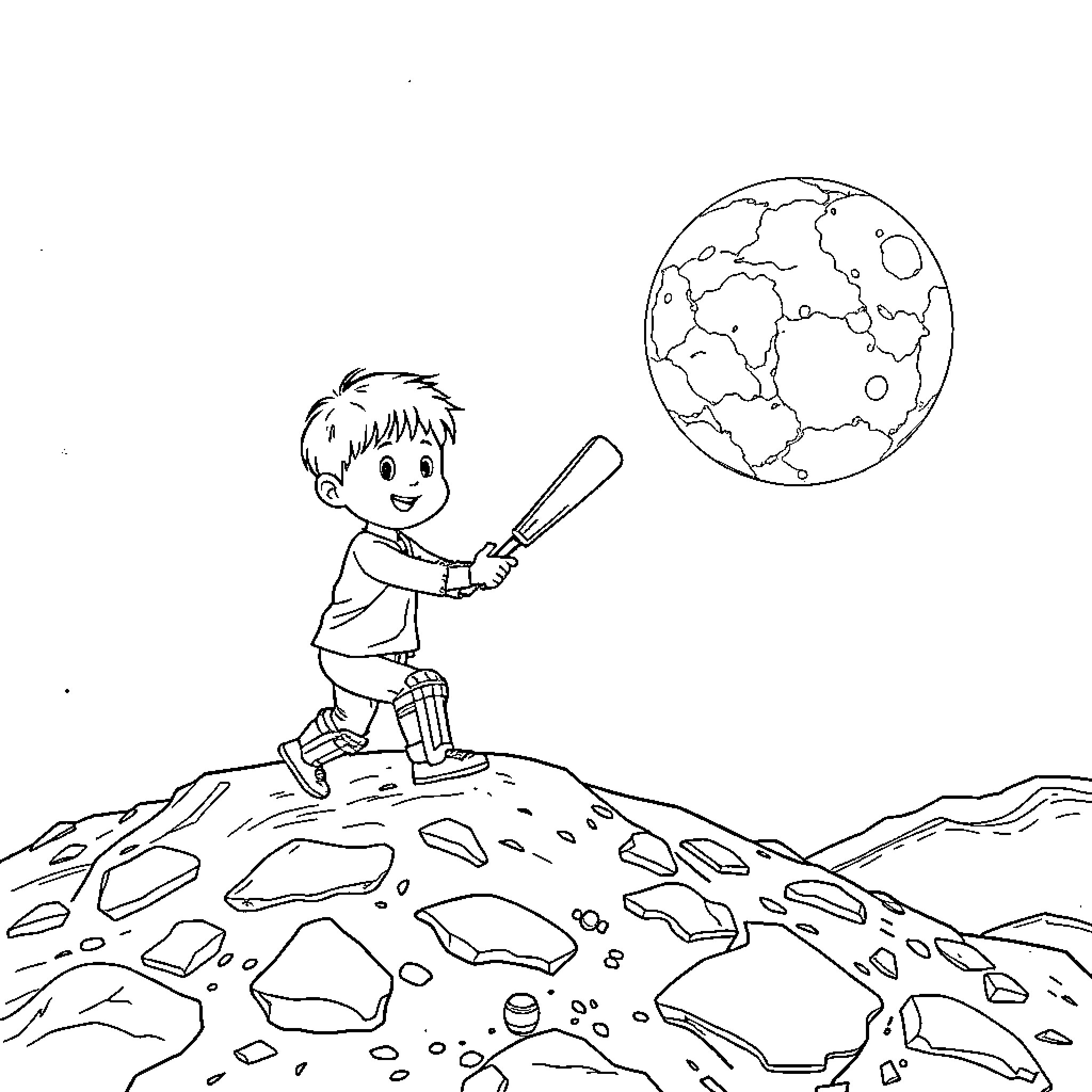 Kid exploring the rocky landscape under the moon Coloring Page (free black-and-white line drawing printable PDF for all, from beginners to advanced learners, including children, teens, adults, and seniors)