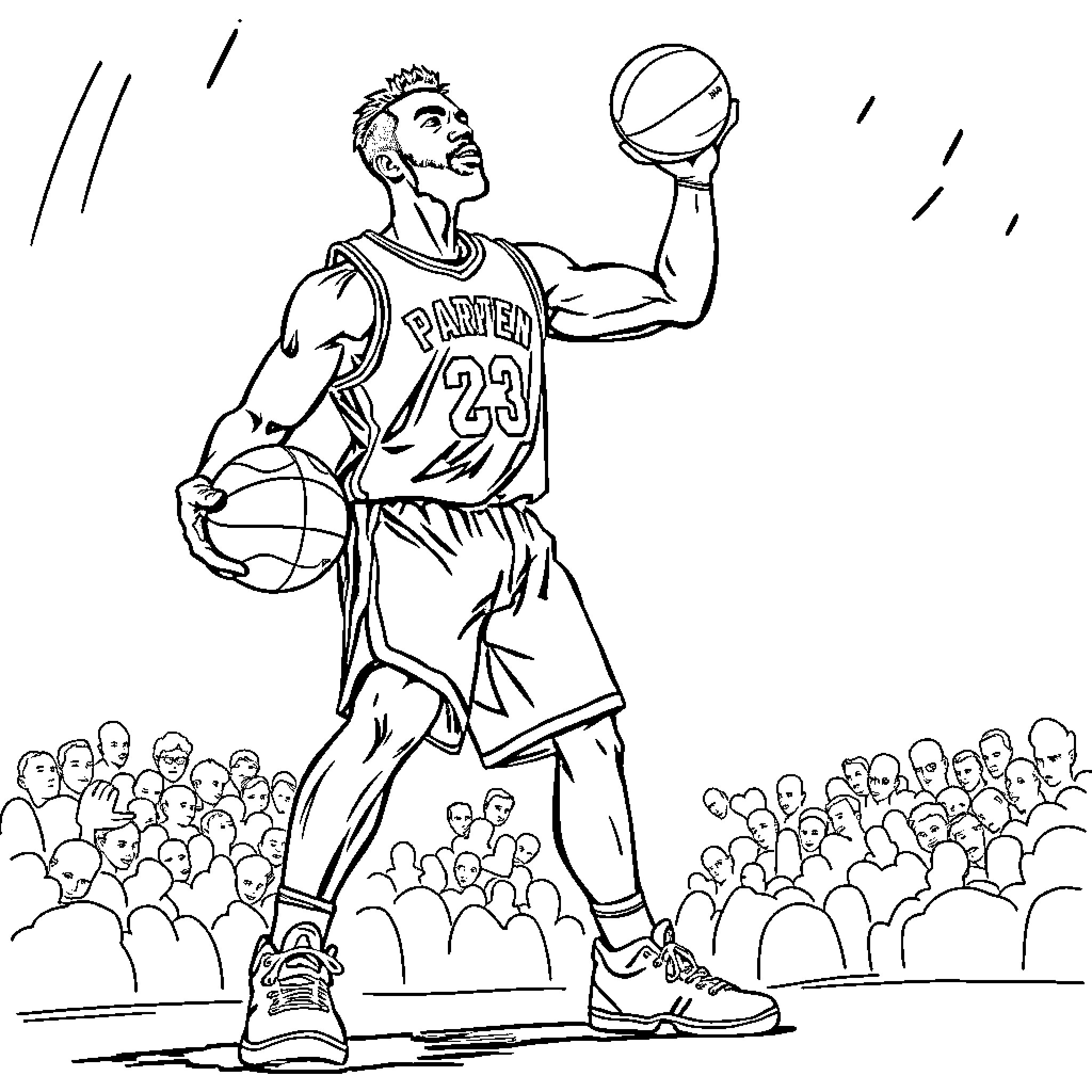 Jeremiah Smith - Basketball Player Entertaining the Crowd Coloring Page (free black-and-white line drawing printable PDF for all, from beginners to advanced learners, including children, teens, adults, and seniors)