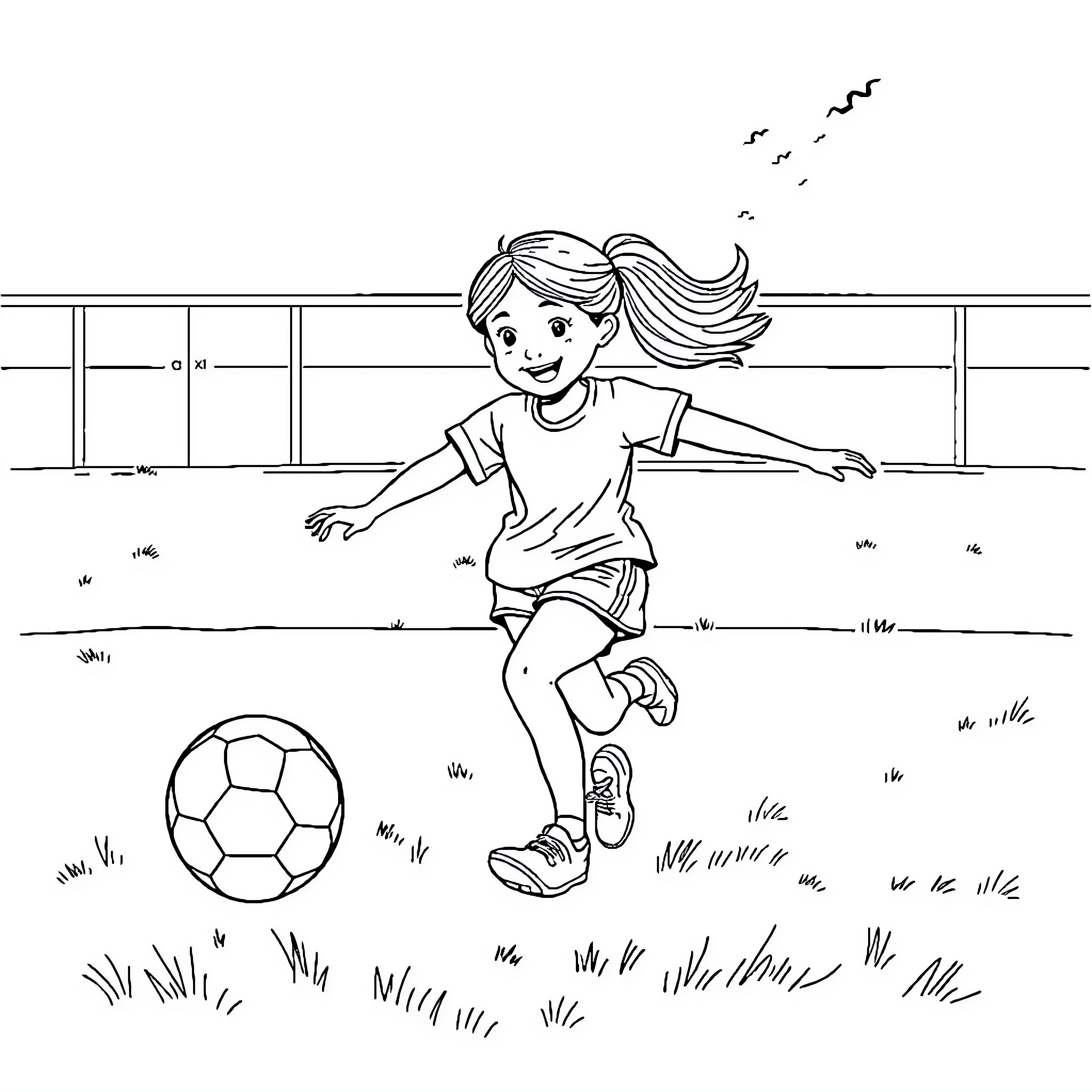 Girl playing with soccer ball outdoors Coloring Page (free black-and-white line drawing printable PDF for all, from beginners to advanced learners, including children, teens, adults, and seniors)