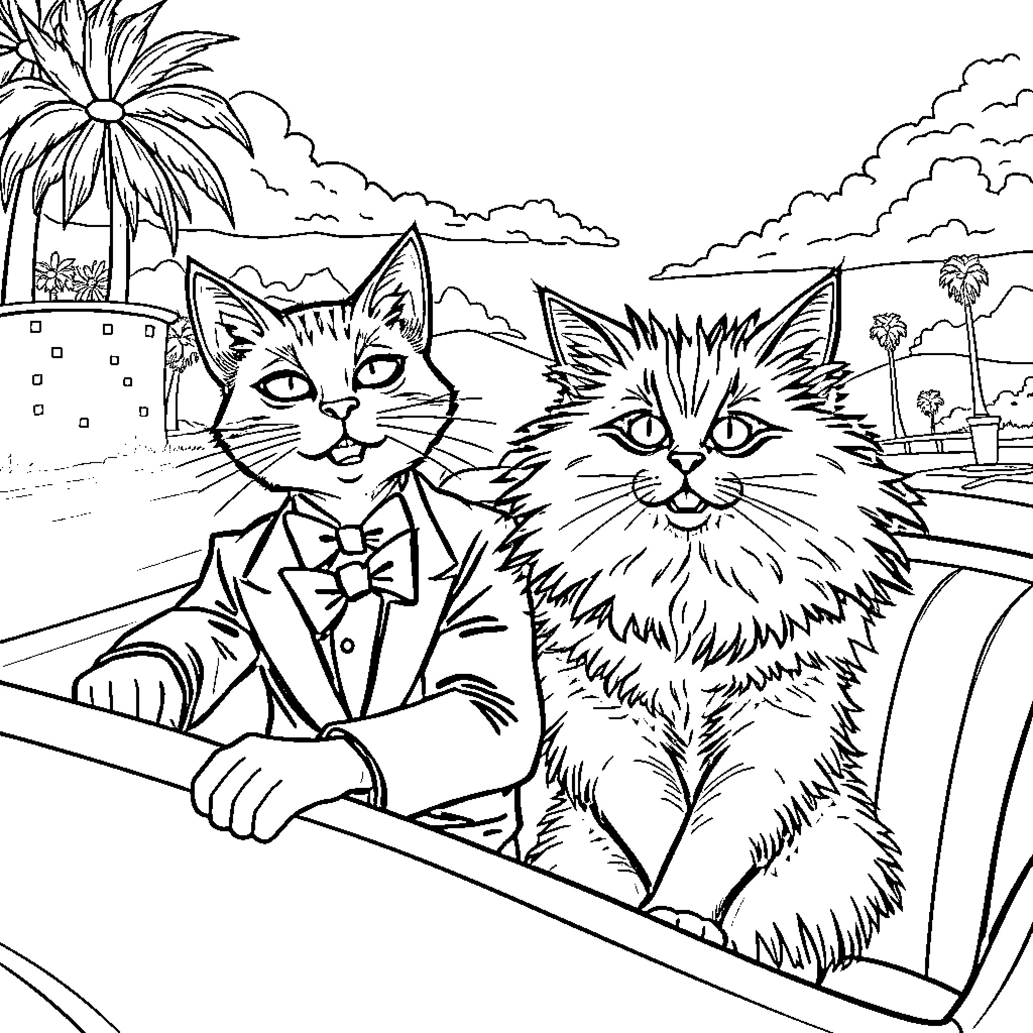 Cats in Summer Attire Enjoying the Beach Coloring Page (free black-and-white line drawing printable PDF for all, from beginners to advanced learners, including children, teens, adults, and seniors)
